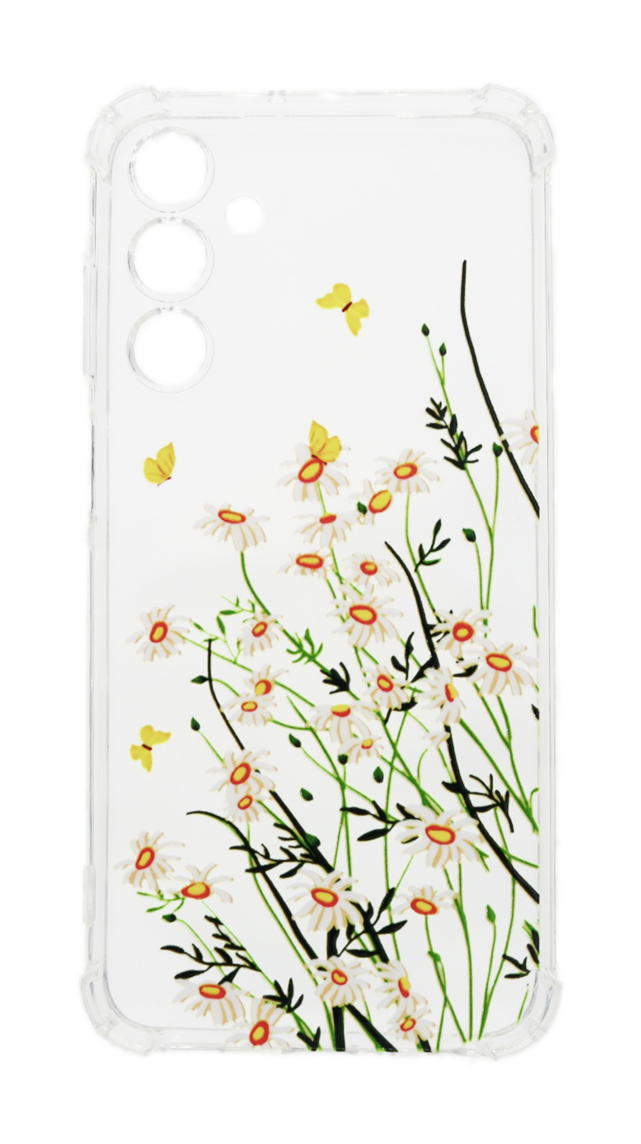 Transparente Handyhülle mit weißen Gänseblümchen und gelben Schmetterlingen. Die Hülle hat einen transparenten Rand. Weißer Hintergrund.