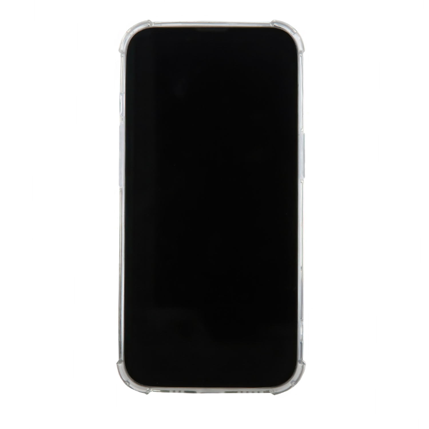 Ein Smartphone mit einer durchsichtigen Schutzhülle wird von vorne gesehen. Der Bildschirm ist schwarz und ausgeschaltet.