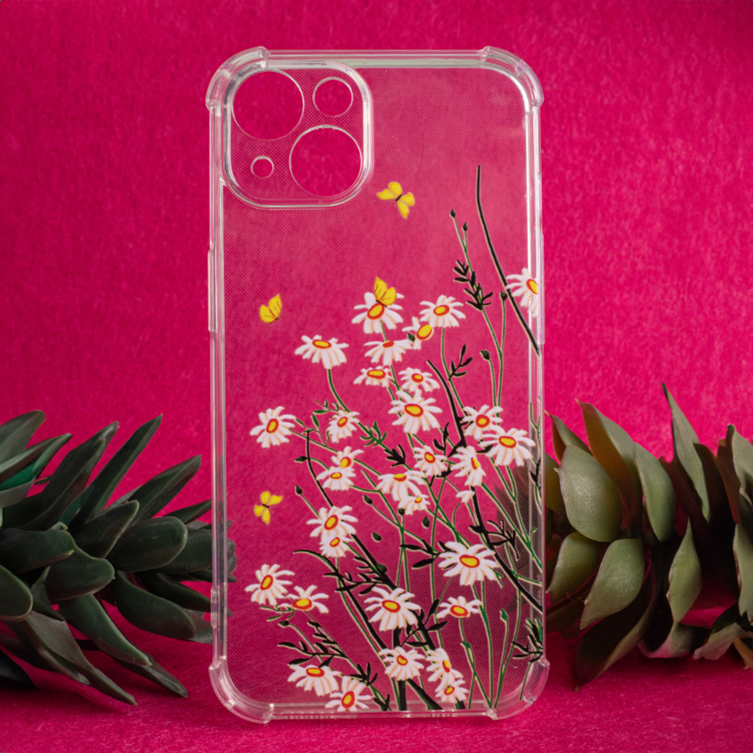 Eine transparente Handyhülle mit floralem Design auf rosa Hintergrund. Die Hülle hat gelbe Schmetterlinge und weiße Blumen.