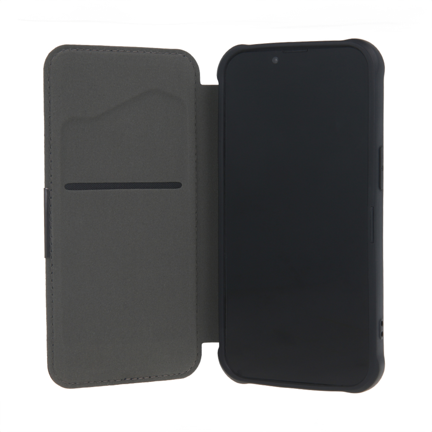 Ein Telefon in einem grauen Etui, geöffnet, zeigt den schwarzen Bildschirm.