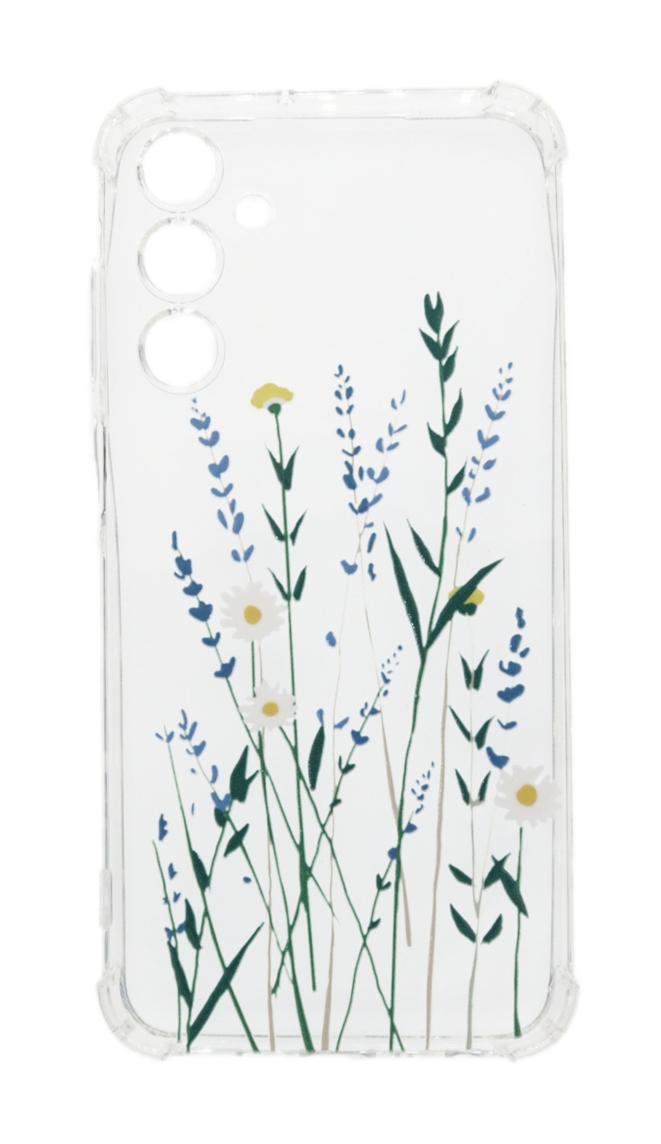 Transparente Handyhülle mit floralem Design mit Gänseblümchen und Lavendel auf weißem Grund.