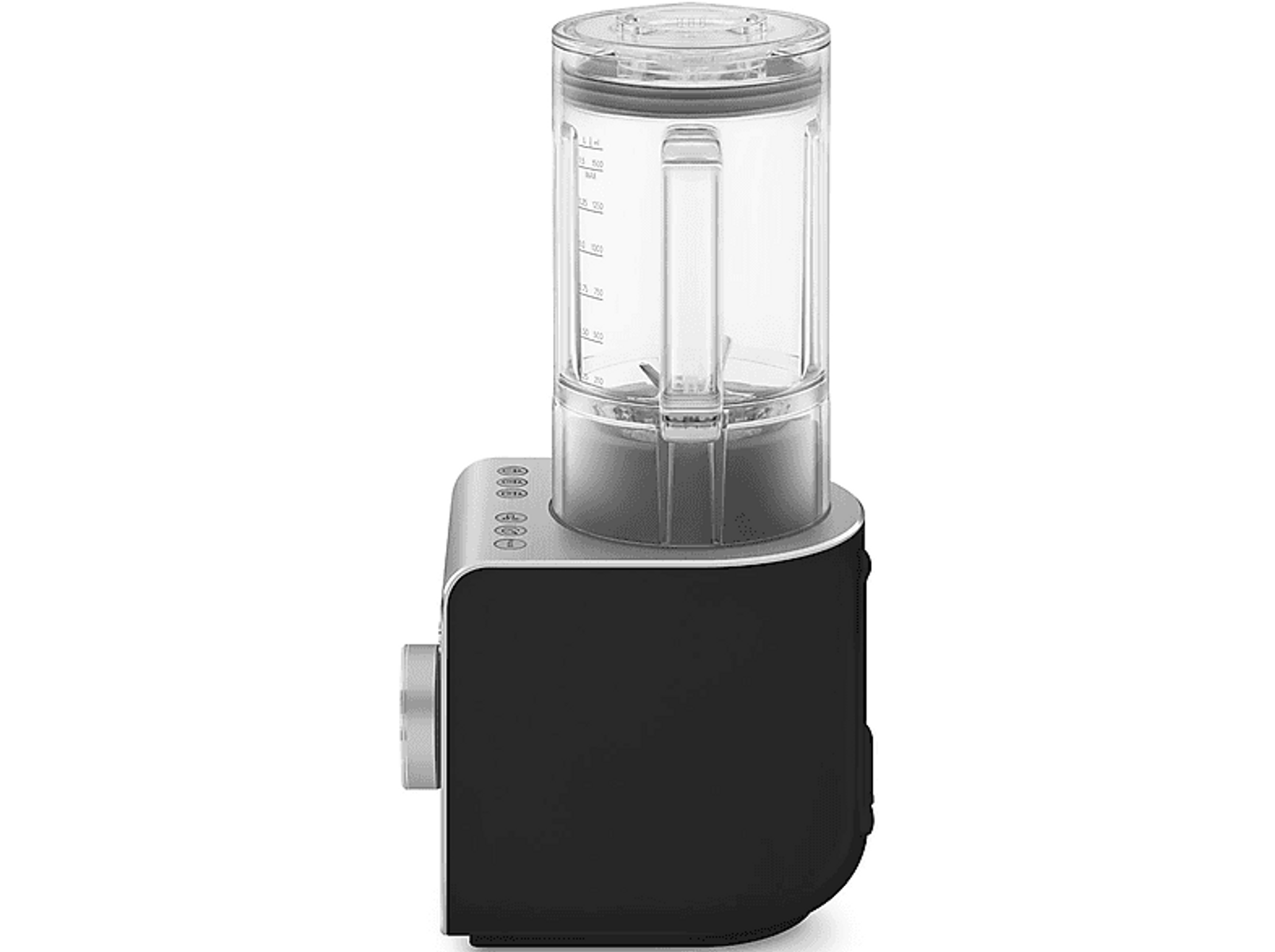 Schwarzer und silberner Mixer. Transparenter Behälter oben. Schwarze Basis mit silbernen Akzenten.