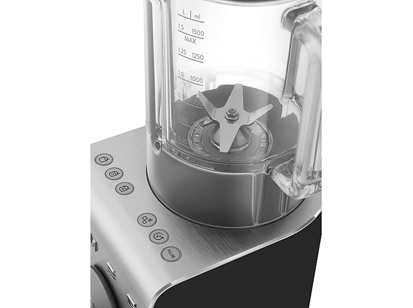 Nahaufnahme des Mixers. Der Mixer hat eine schwarze Basis und einen transparenten Behälter. Knöpfe sind sichtbar.