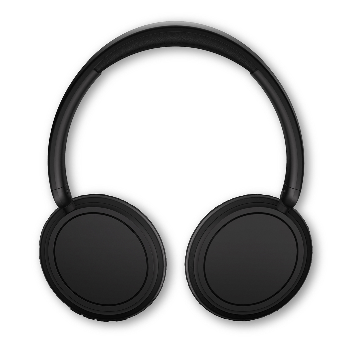 Czarne słuchawki, widok z góry, na białym tle.