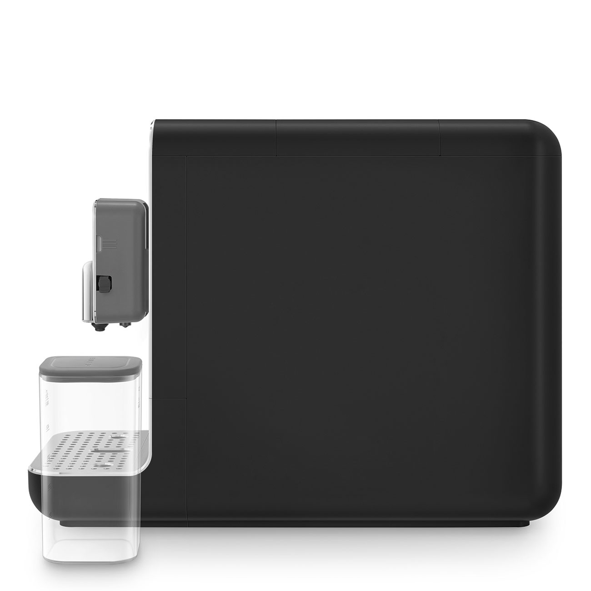 Czarny ekspres do kawy z pojemnikiem na wodę i oddzielnym spieniaczem do mleka, na białym.