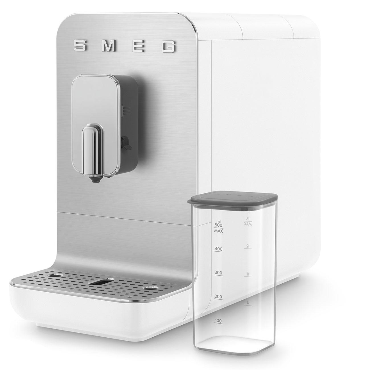 White and silver SMEG coffee machine with a clear water container to the right.