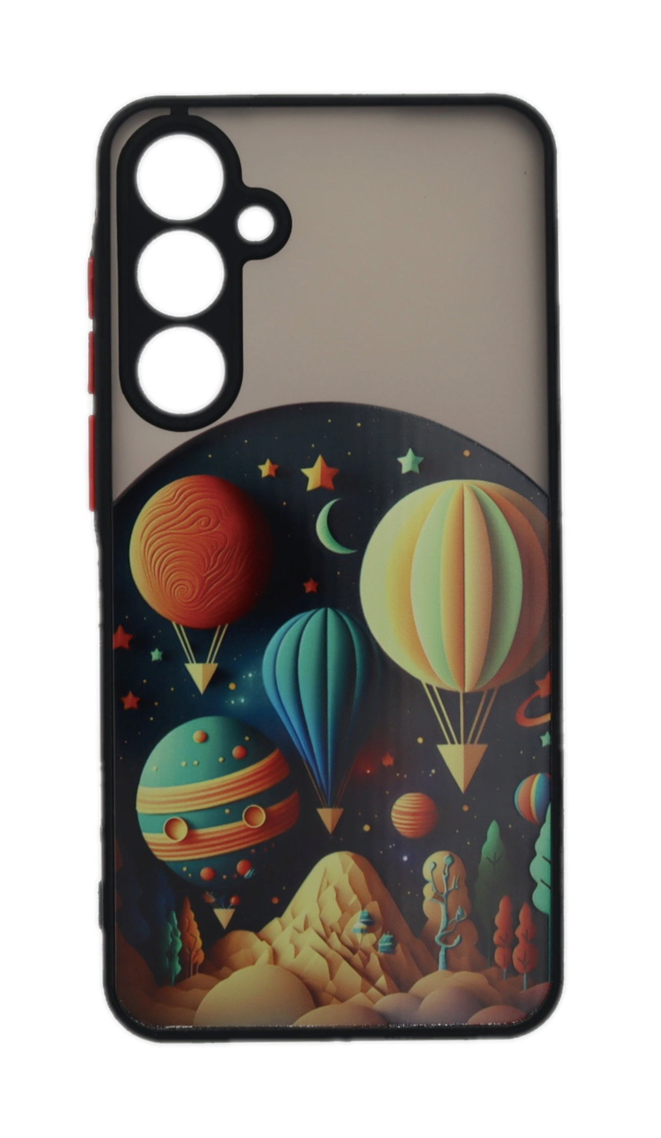 Handyhülle mit bunten Heißluftballons und Sternennacht-Design.