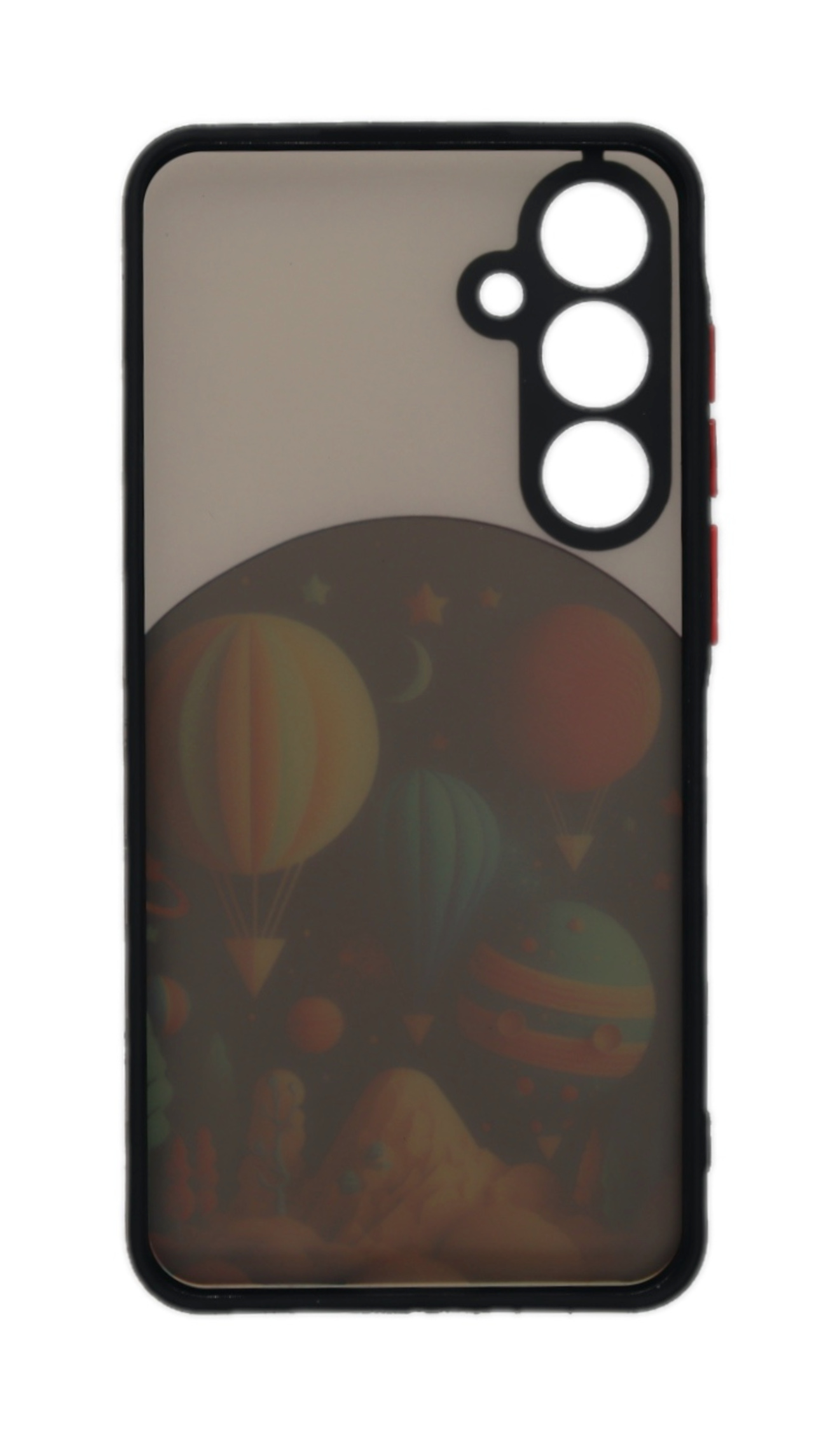Eine Handyhülle mit einem Design von bunten Heißluftballons auf dunklem Hintergrund.
