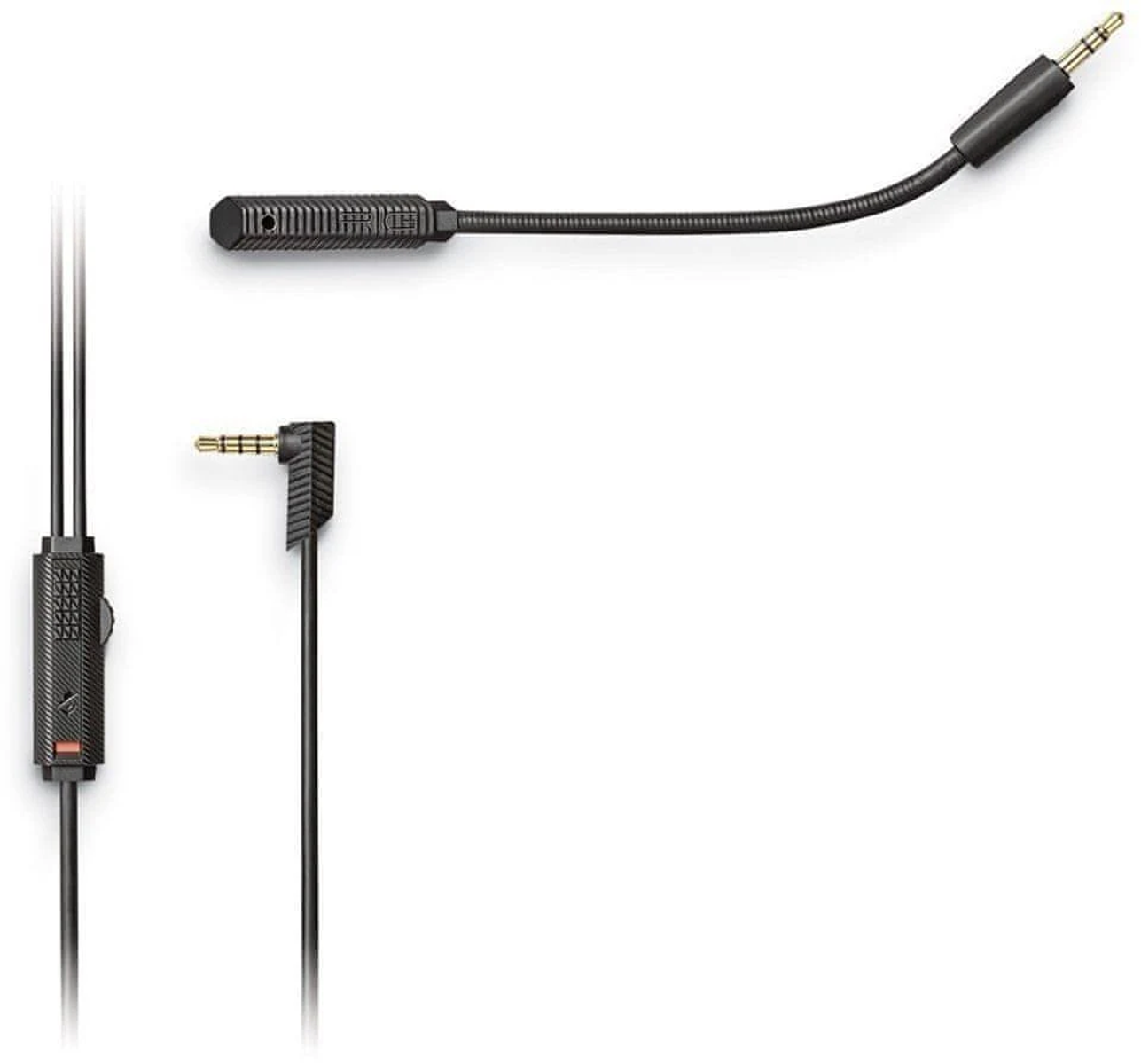 Pièces de casque noir avec microphone et commandes. Les fils et les prises sont noirs.