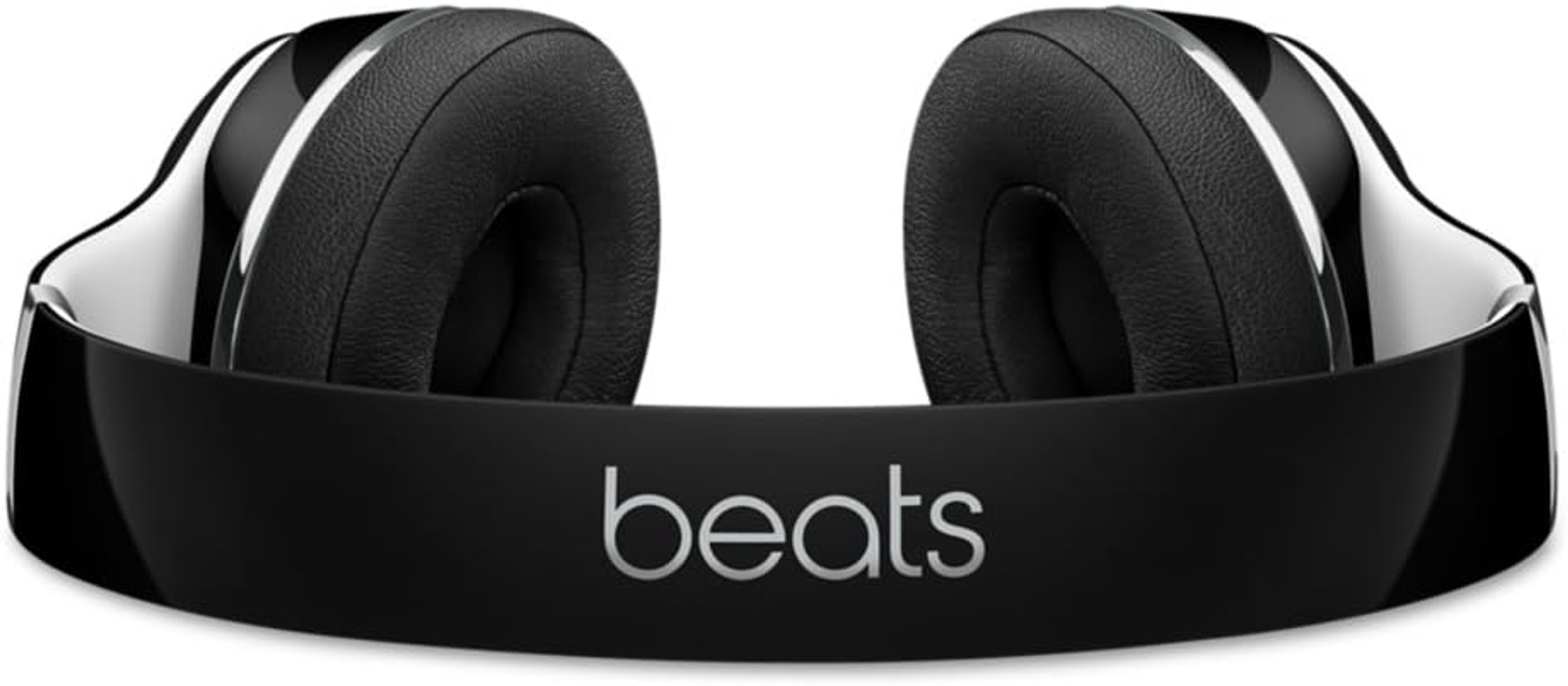 Schwarze Beats-Kopfhörer, silbernes Beats-Logo, weißes und schwarzes Farbschema.