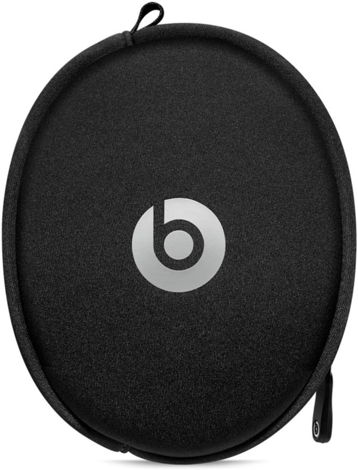 Schwarzes Beats Kopfhörer-Etui mit weißem 'b'-Logo in der Mitte. Das Etui ist oval geformt.