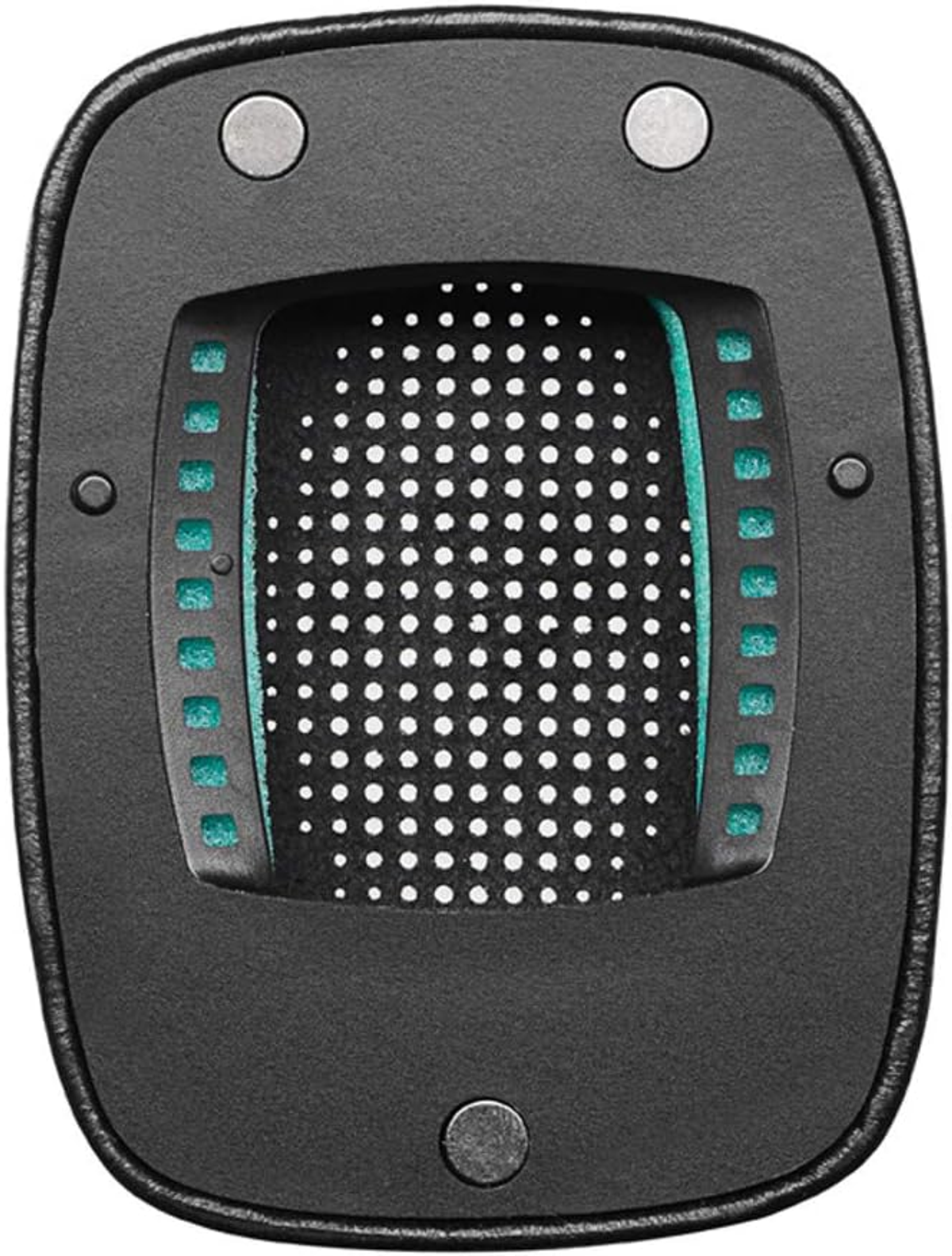 Almohadilla para auriculares negra, abierta, con interior perforado y detalles color turquesa.