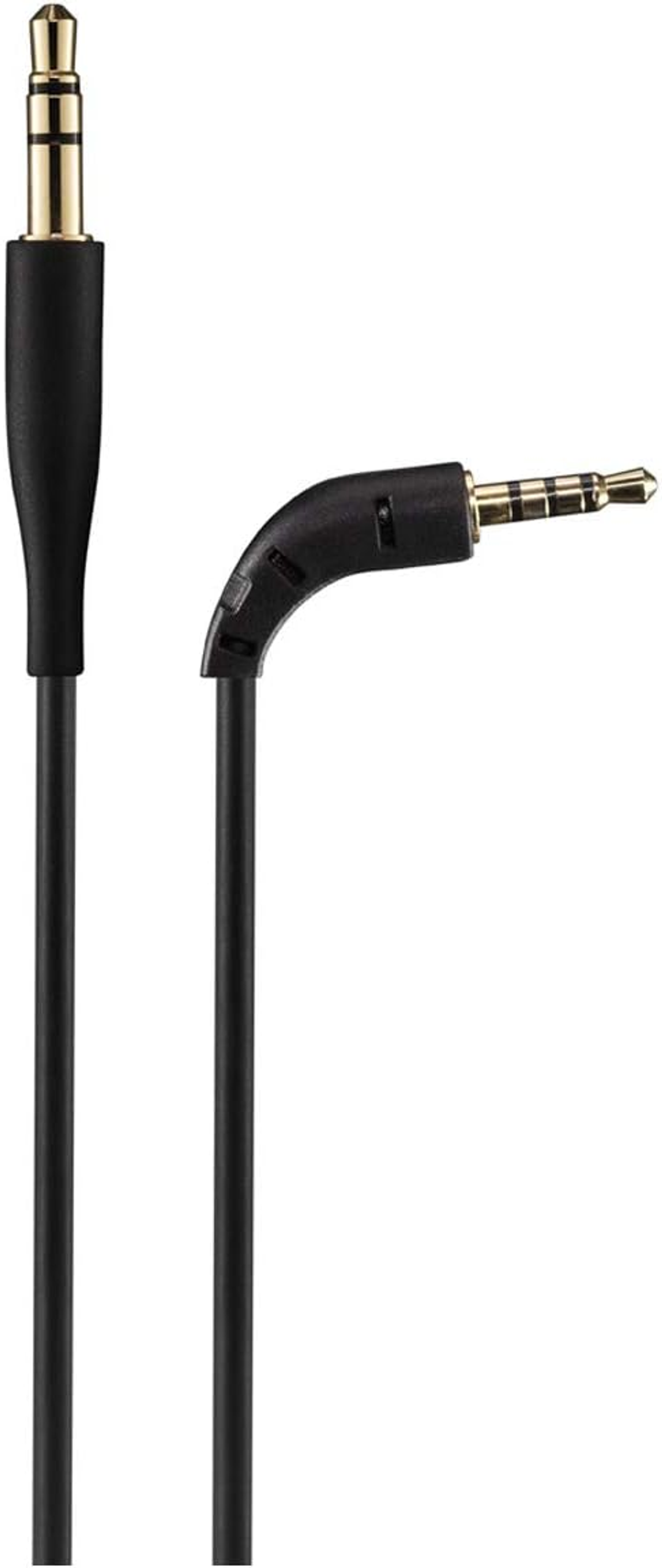 Dos cables de audio negros. Uno tiene un enchufe recto, el otro tiene un enchufe en ángulo recto.
