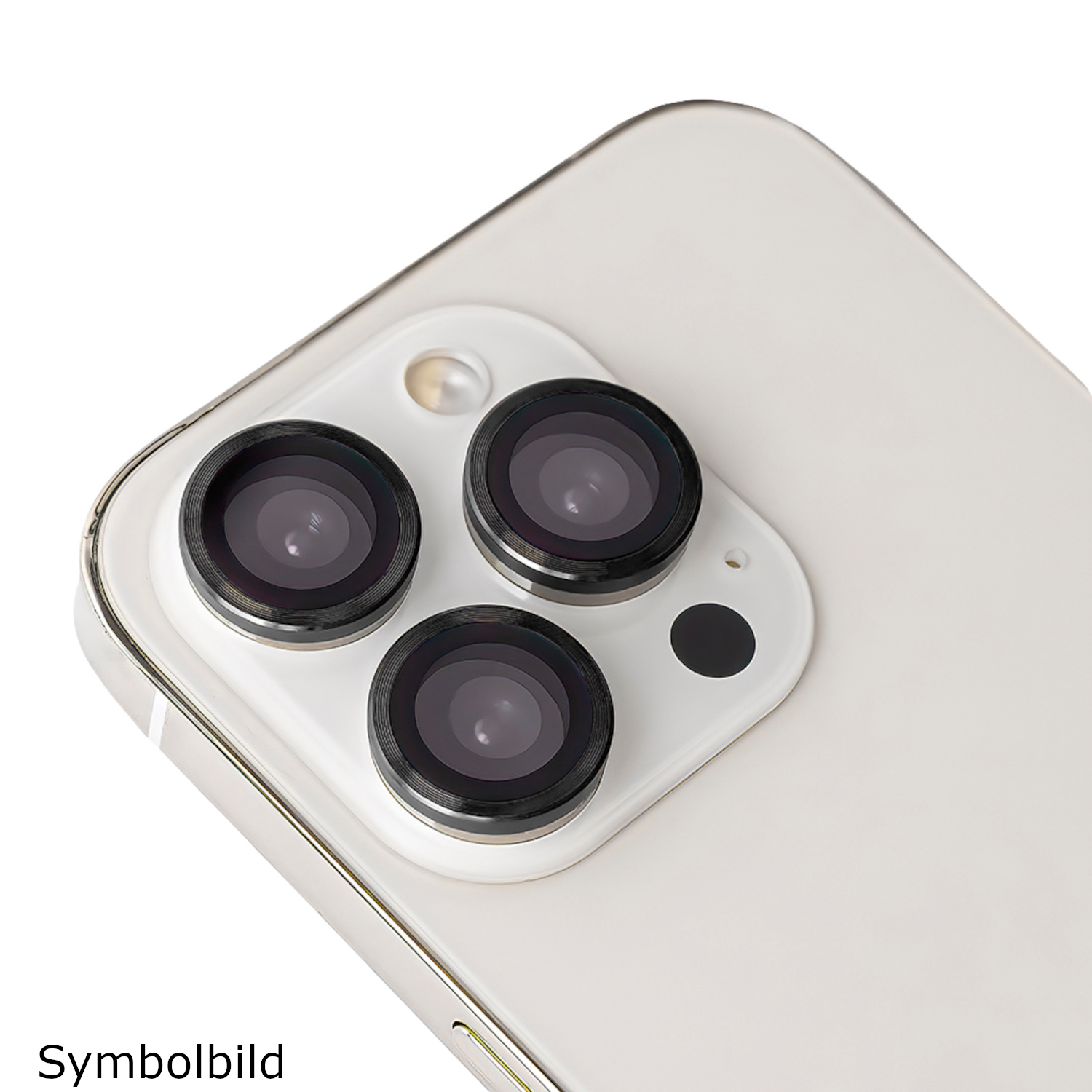 Rückseite eines weißen Smartphones mit drei Kameralinsen und Blitz. Das Wort 'Symbolbild' ist sichtbar.