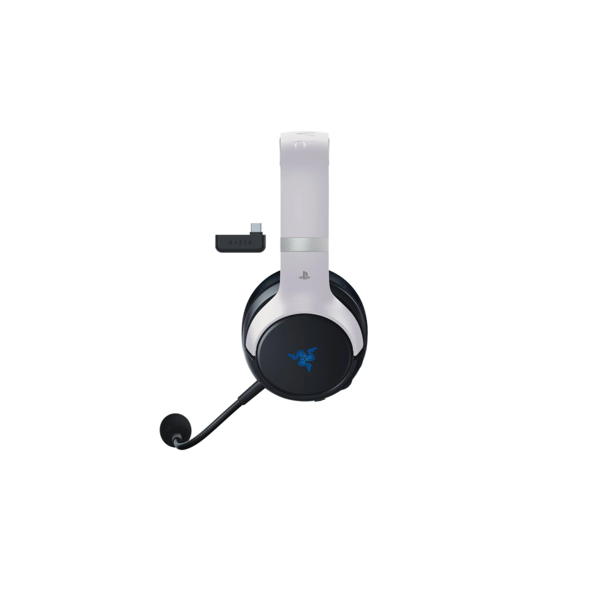 Weiß-schwarzes Razer-Gaming-Headset mit Mikrofon und Empfänger.