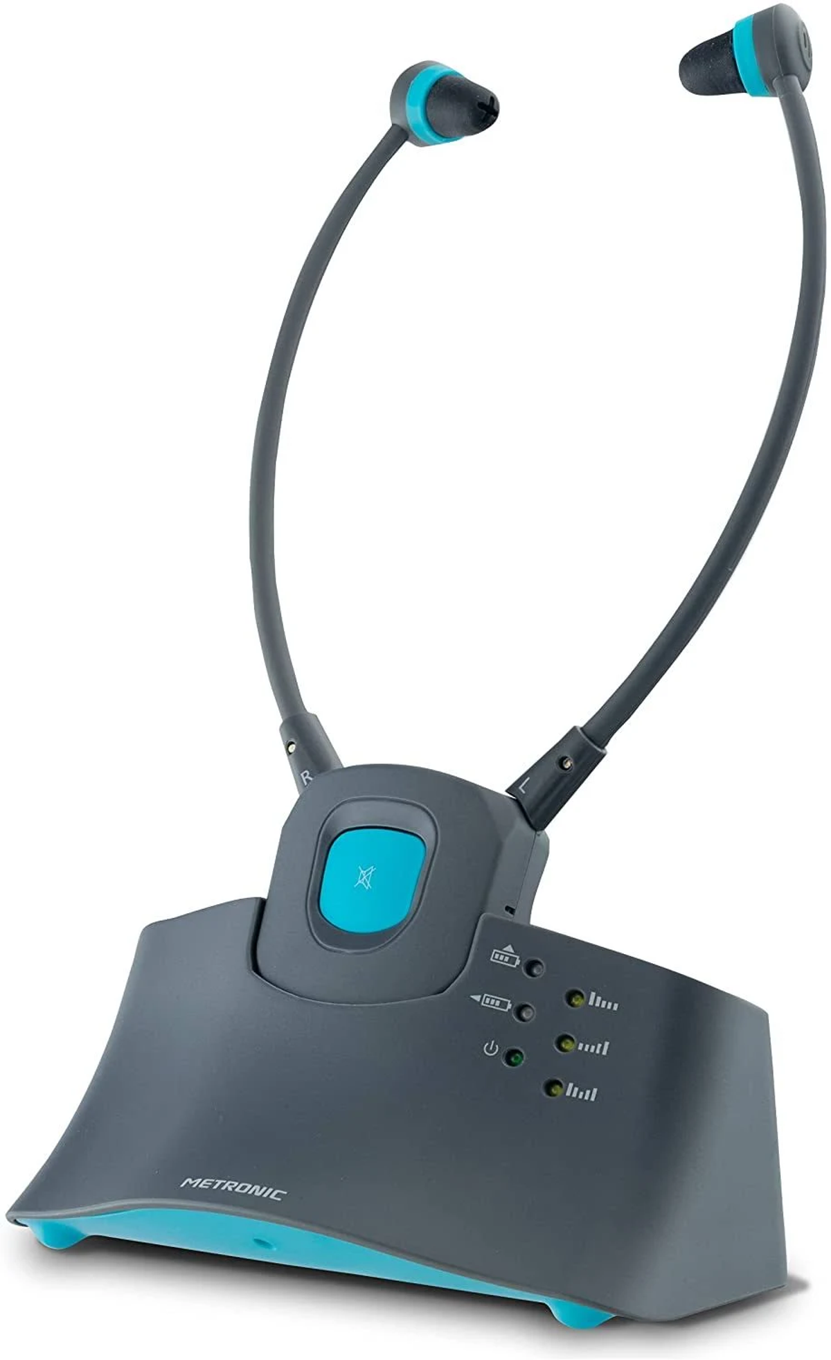 Auriculares grises y verde azulado con una base. La base tiene luces de estado y un botón.