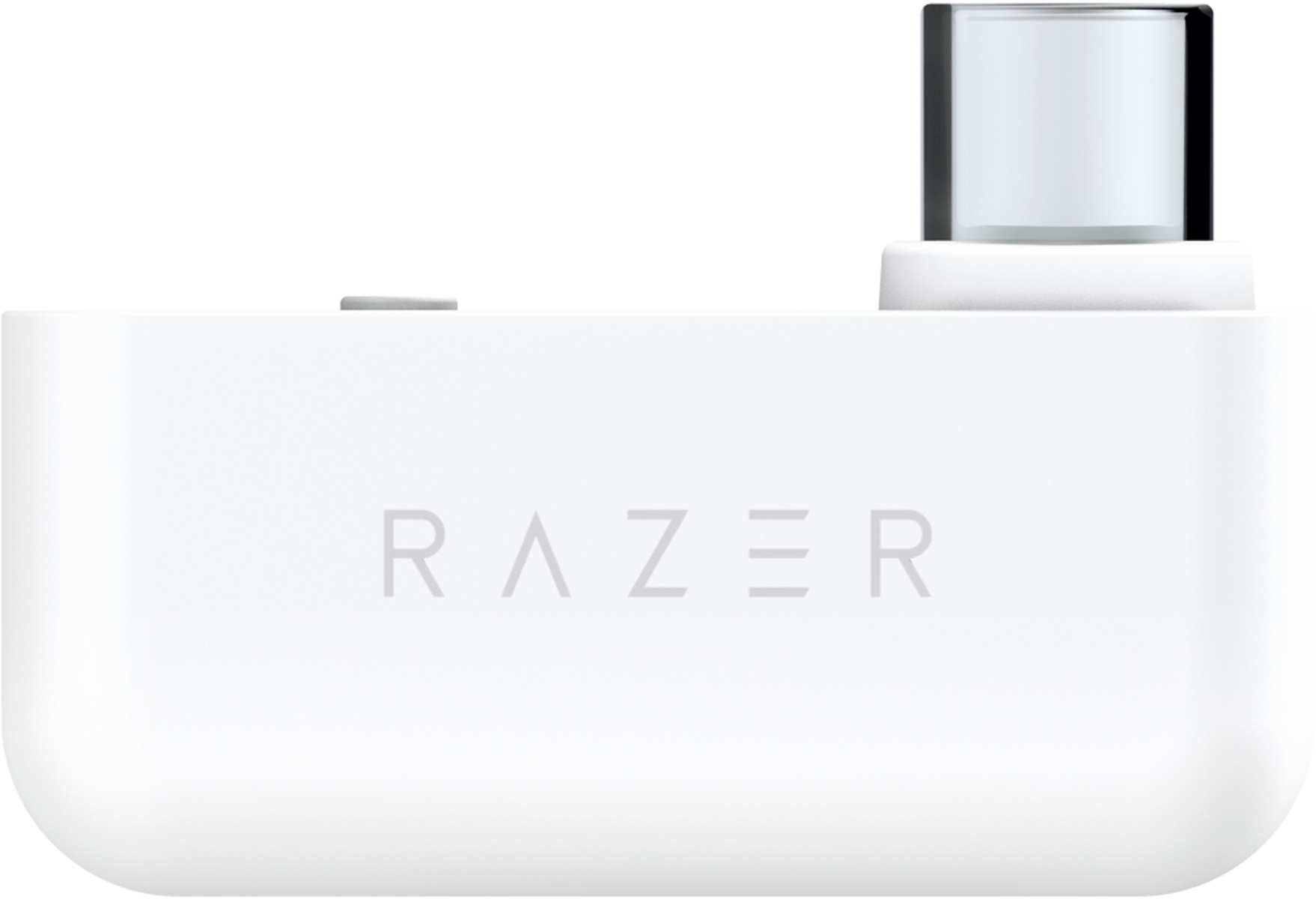 Biała ładowarka Razer. Słowo RAZER jest wydrukowane z przodu na szaro.