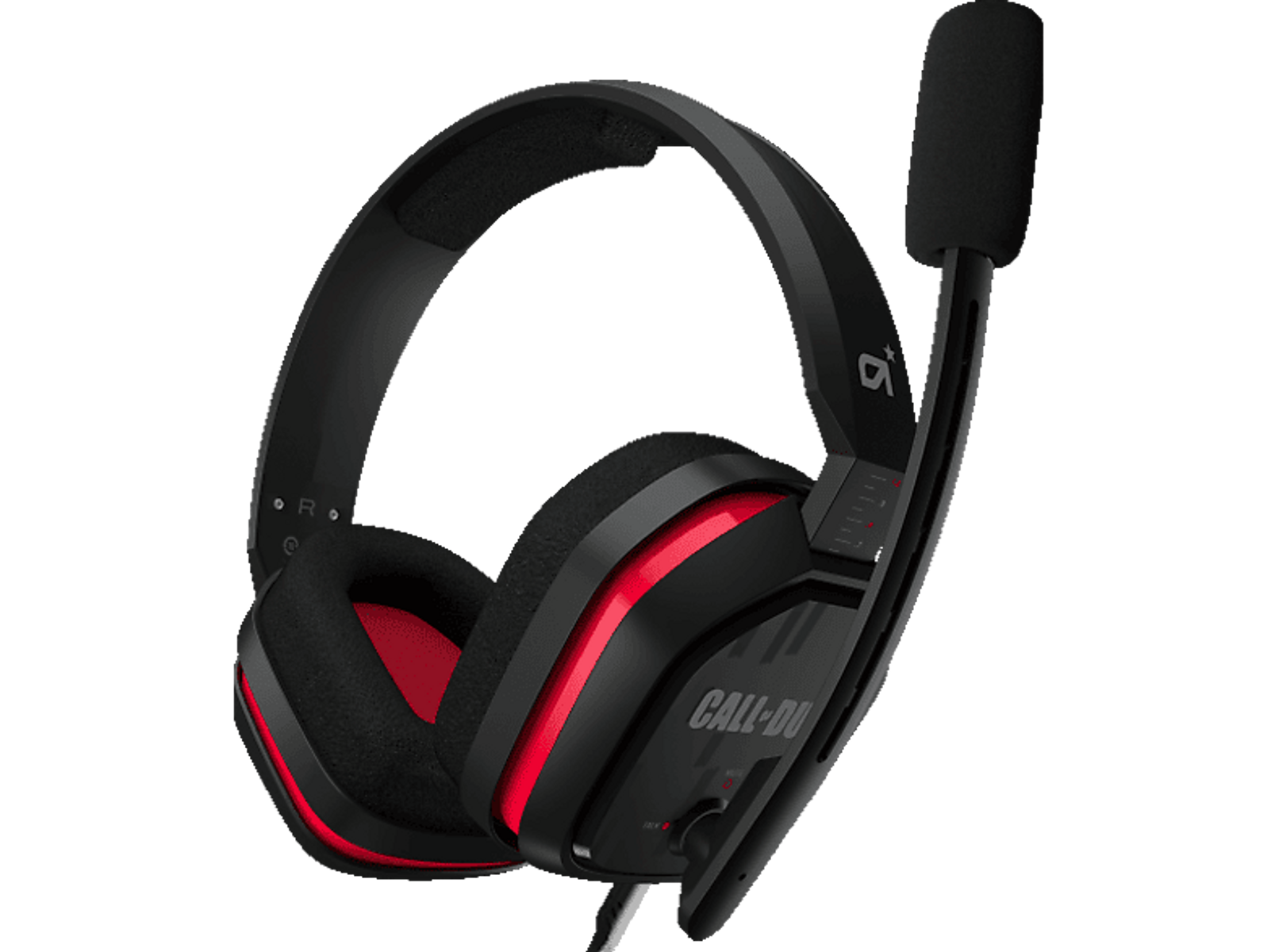 Czarne i czerwone słuchawki dla graczy. Mikrofon po lewej, biały kabel, czarne tło.