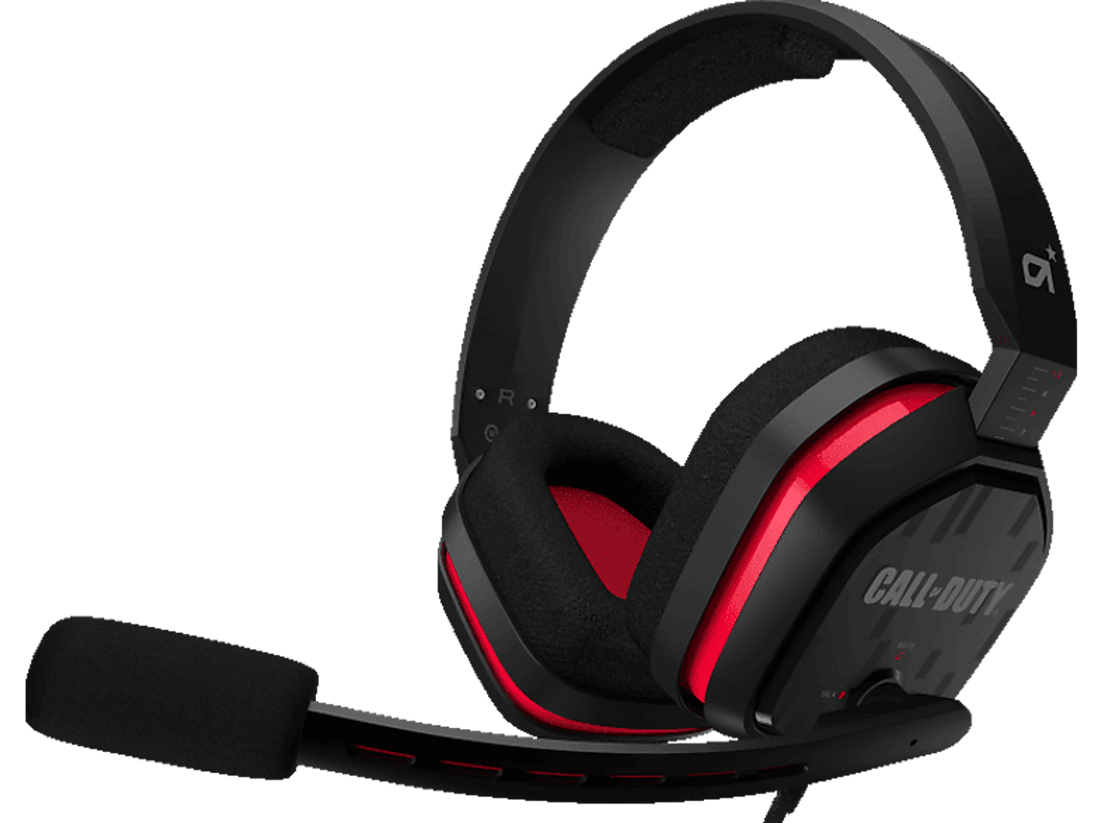 Czarny i czerwony zestaw słuchawkowy dla graczy z mikrofonem. Zestaw słuchawkowy ma logo Call of Duty.