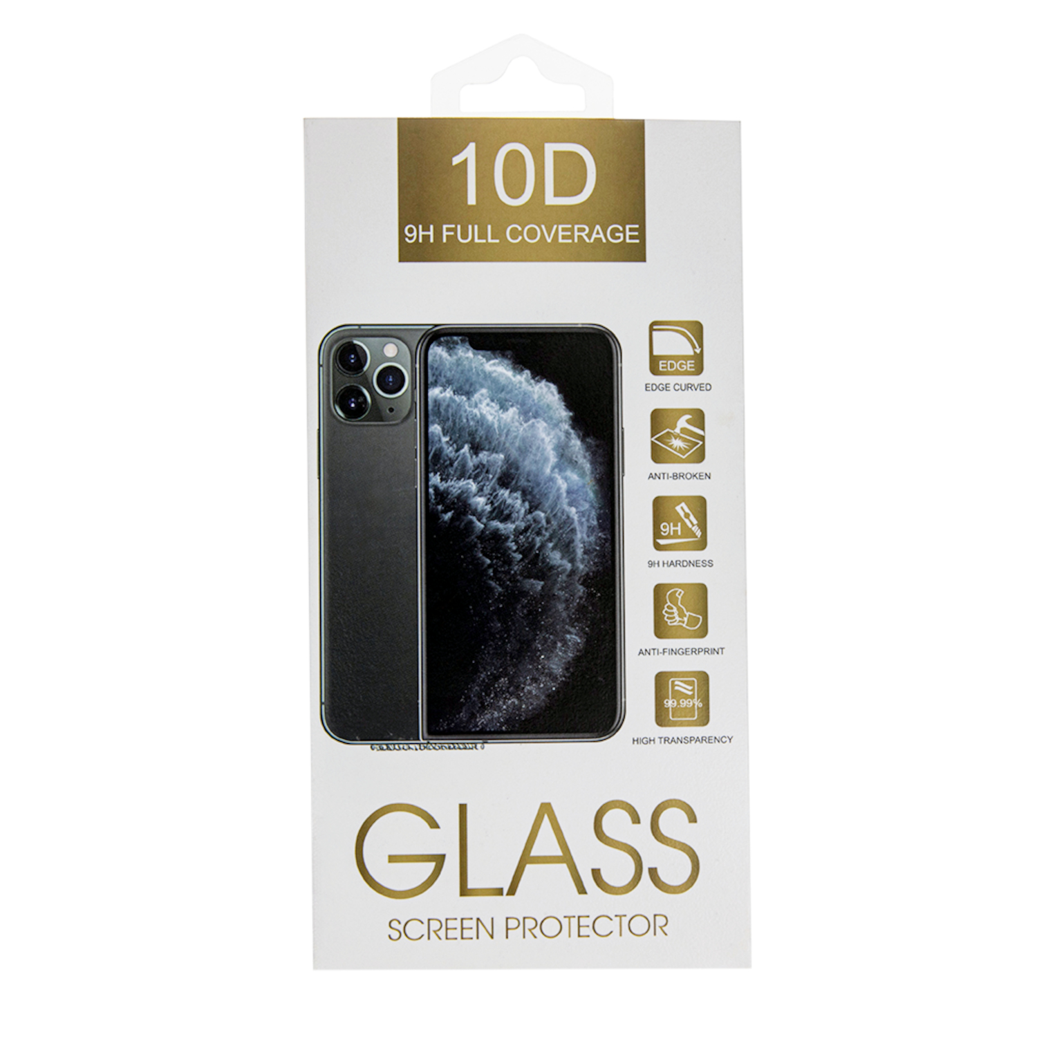 Weiße Verpackung für Displayschutzfolie mit Telefonbild. Text beinhaltet '10D' und '9H Full Coverage'.