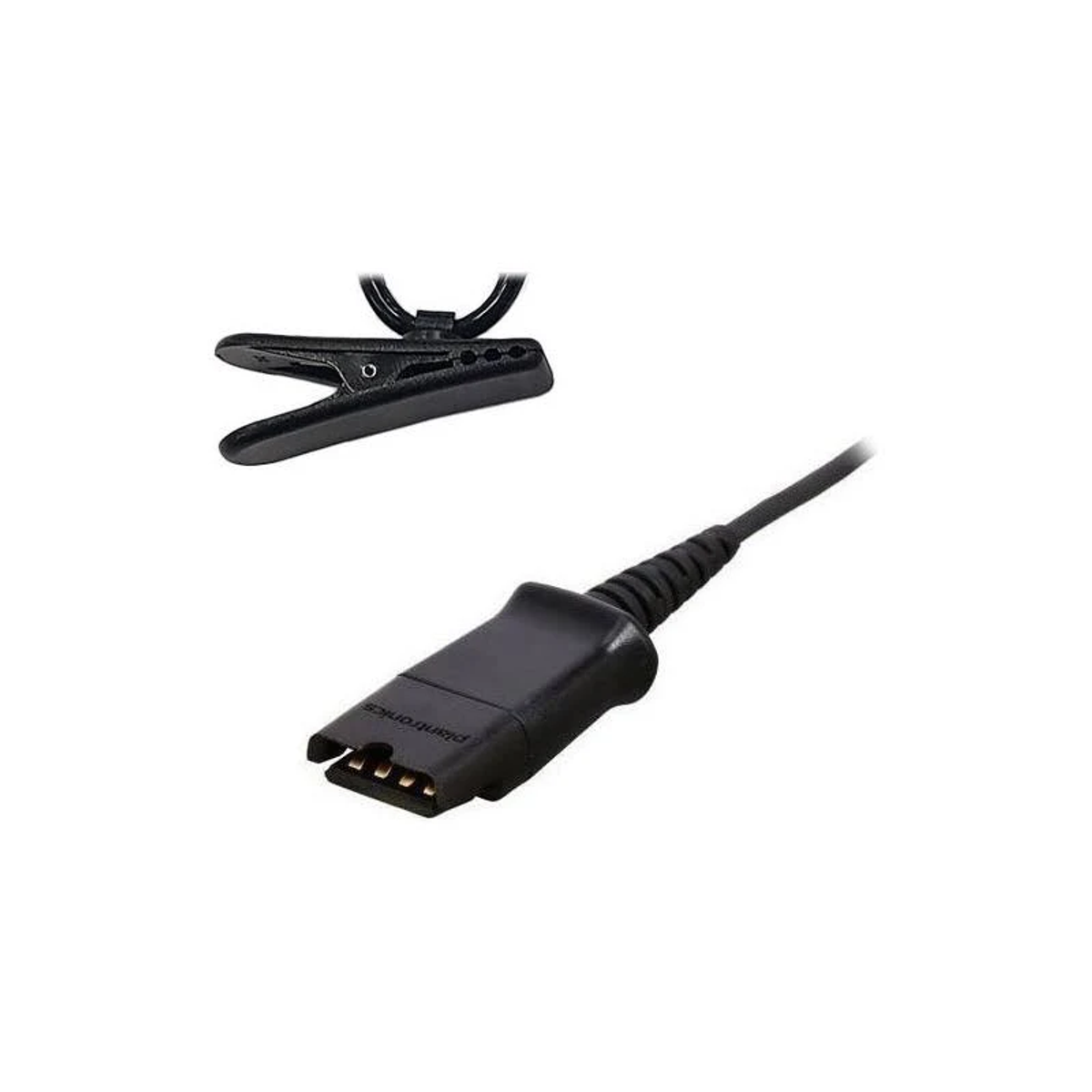 Cavo per cuffie nero con clip. Il cavo ha un connettore speciale. Sfondo bianco.