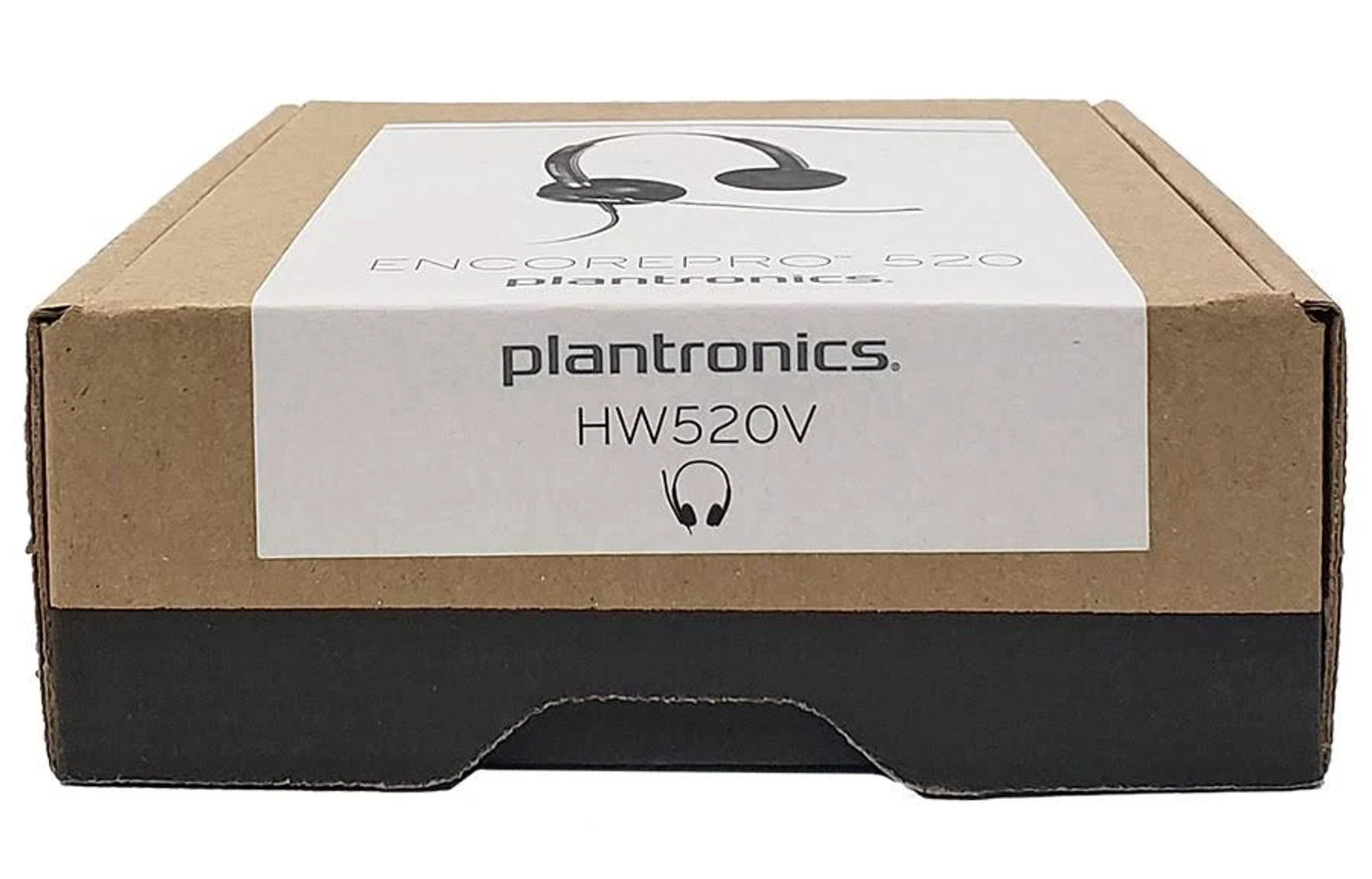 Scatola di cartone marrone con etichetta. L'etichetta dice plantronics e HW520V, cuffie.