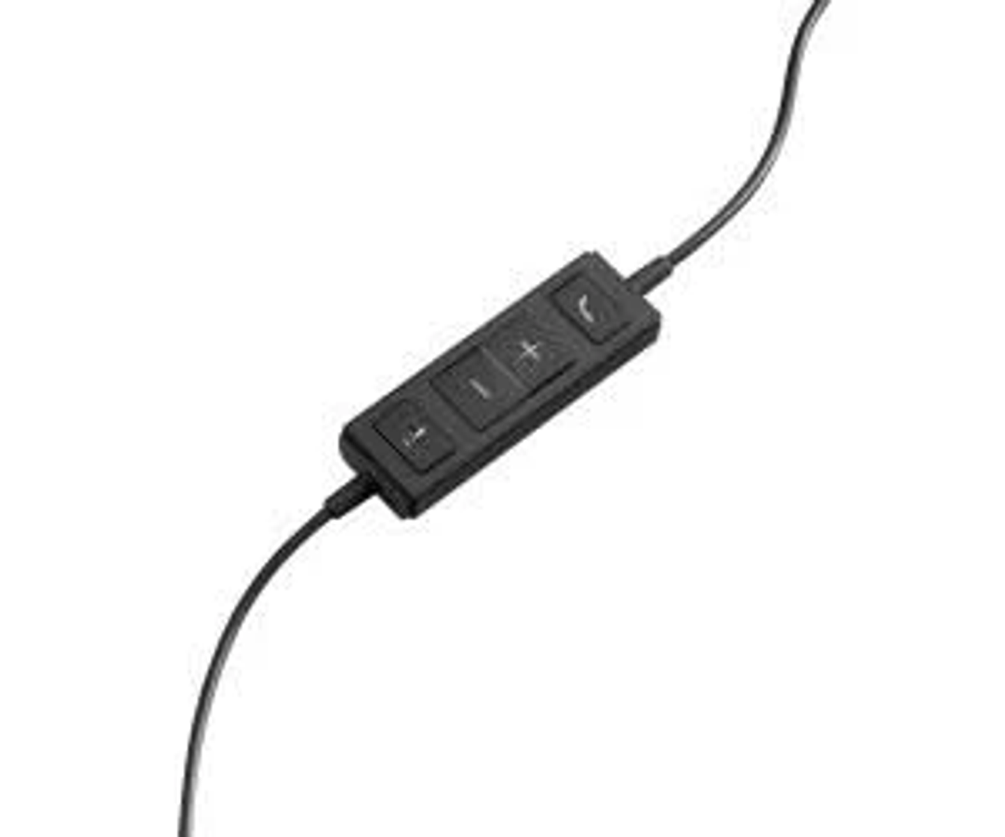 Telecomando in linea nero per auricolari. Ci sono tre pulsanti e un microfono.