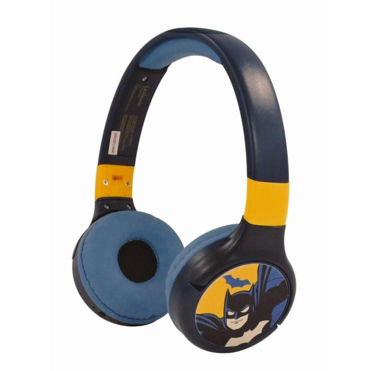 Cuffie di Batman. Le cuffie sono blu e nere, con il logo di Batman sui padiglioni.