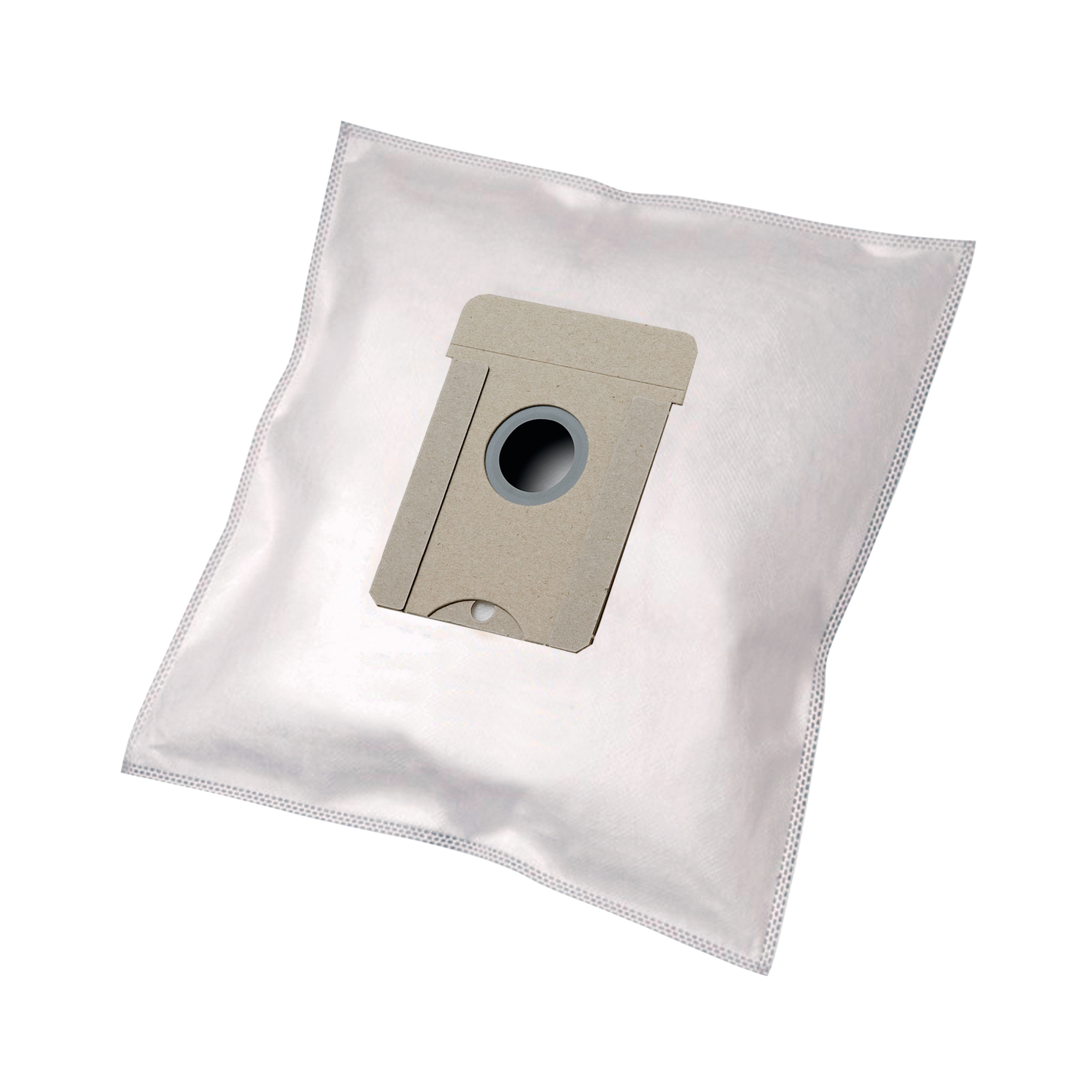 Biały worek do odkurzacza z szarą tekturową częścią, na białym tle.