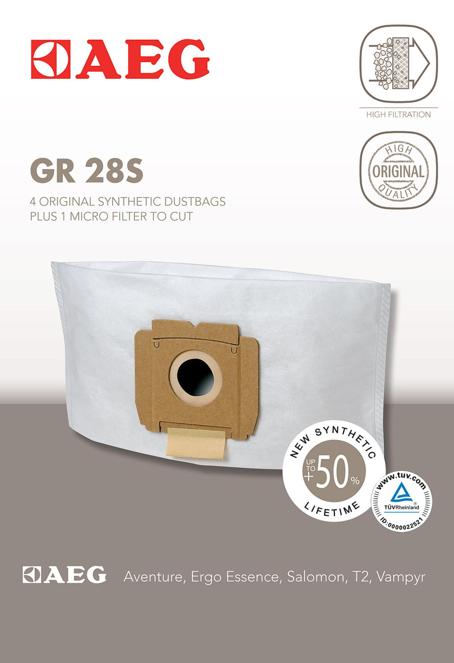 Bolsa de aspiradora AEG con texto y logotipos.
