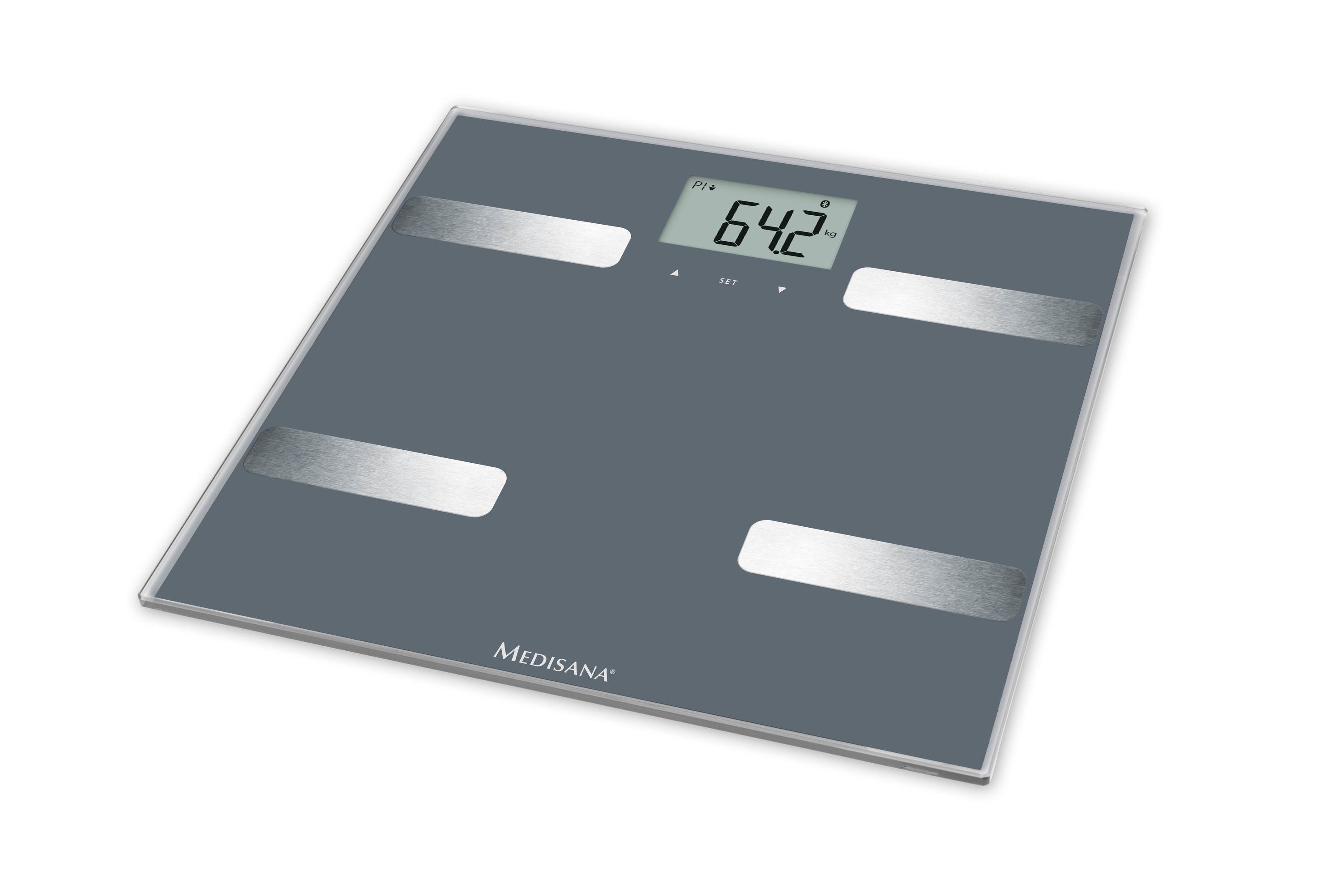 Eine digitale Badezimmerwaage, die 64,2 kg auf einer grauen Oberfläche mit silbernen Akzenten anzeigt.