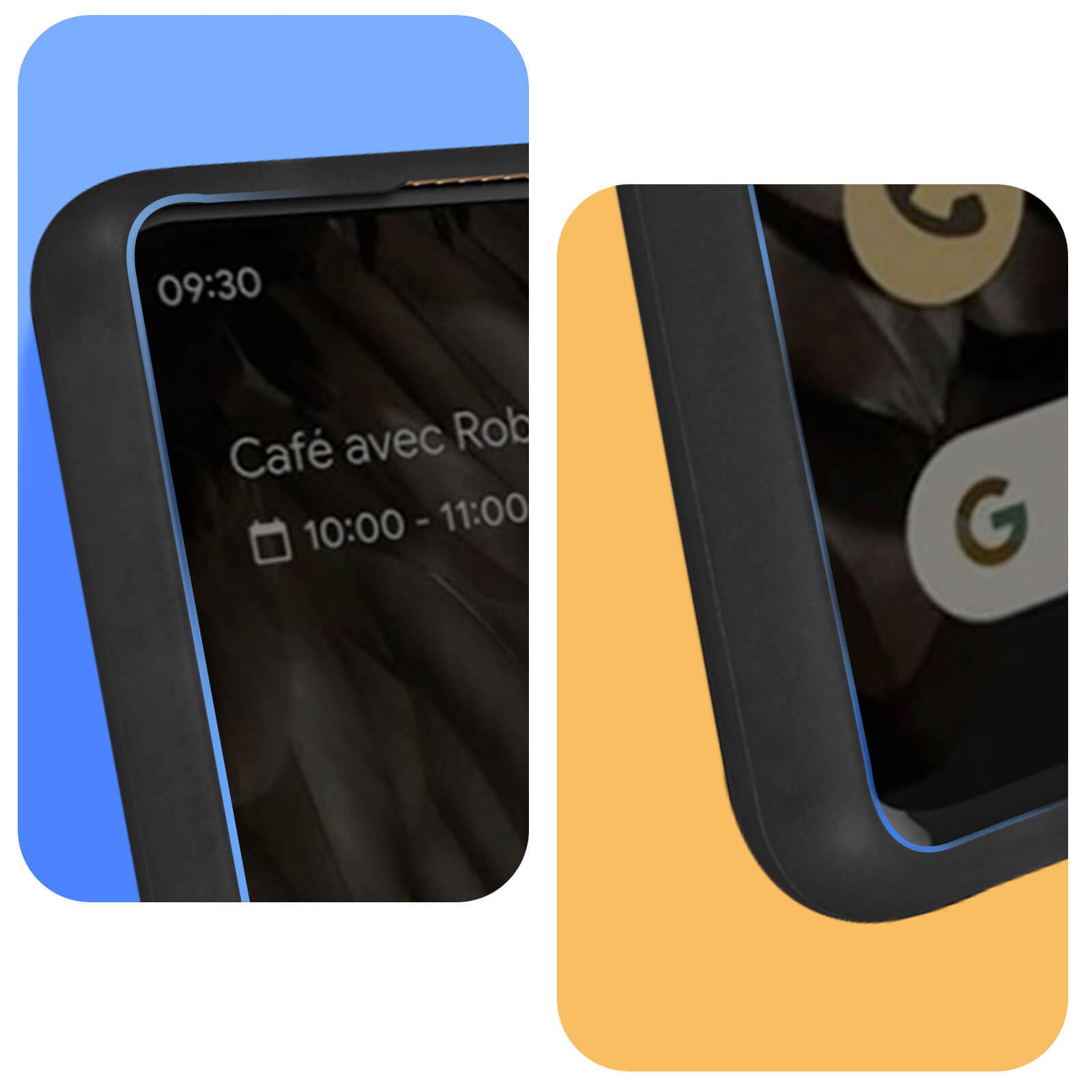 Primer plano de la pantalla y la funda de un teléfono con marco negro y acento azul.