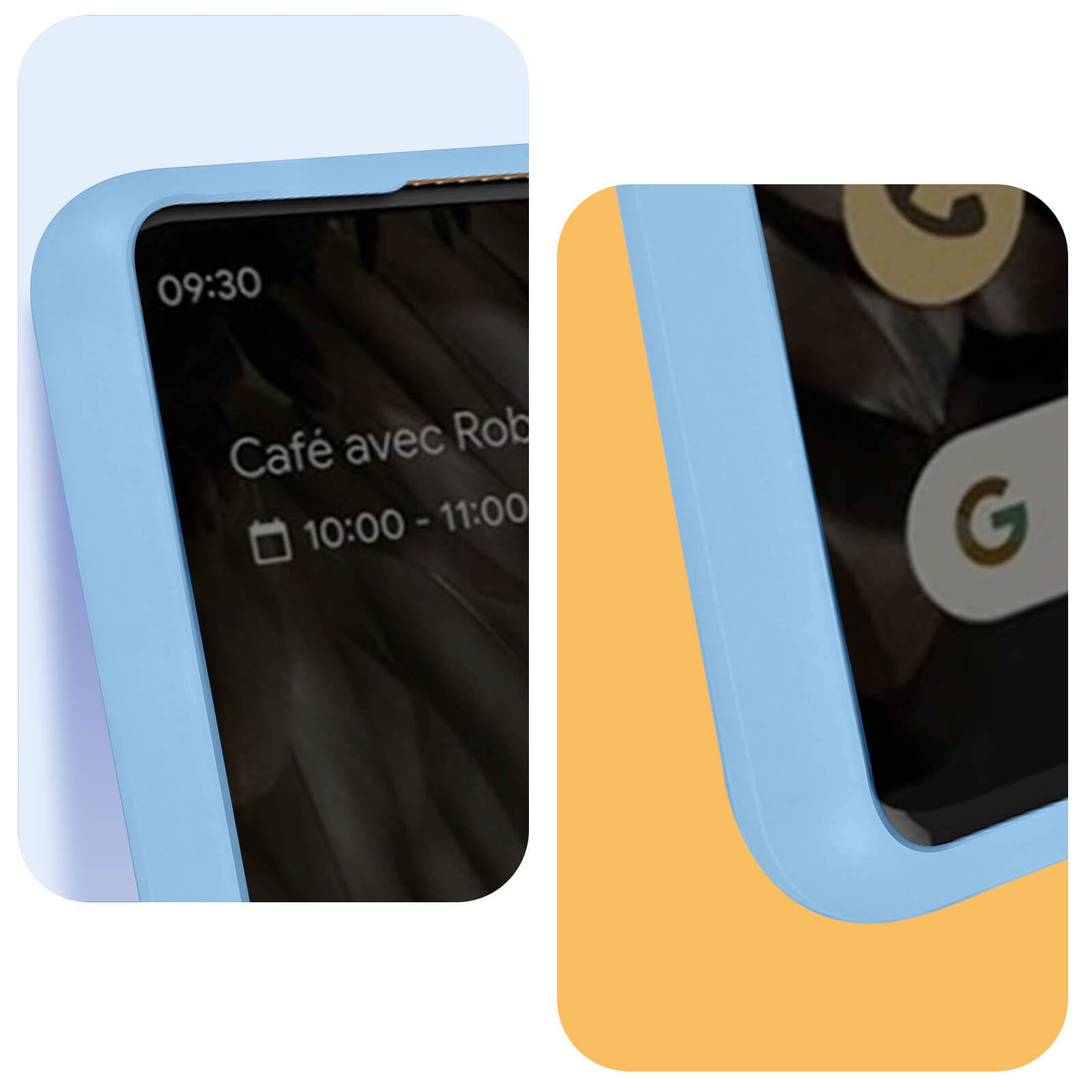 Nahaufnahme von zwei Telefonbildschirmen in blauen Hüllen, Kalender und Google-Logo zeigend.