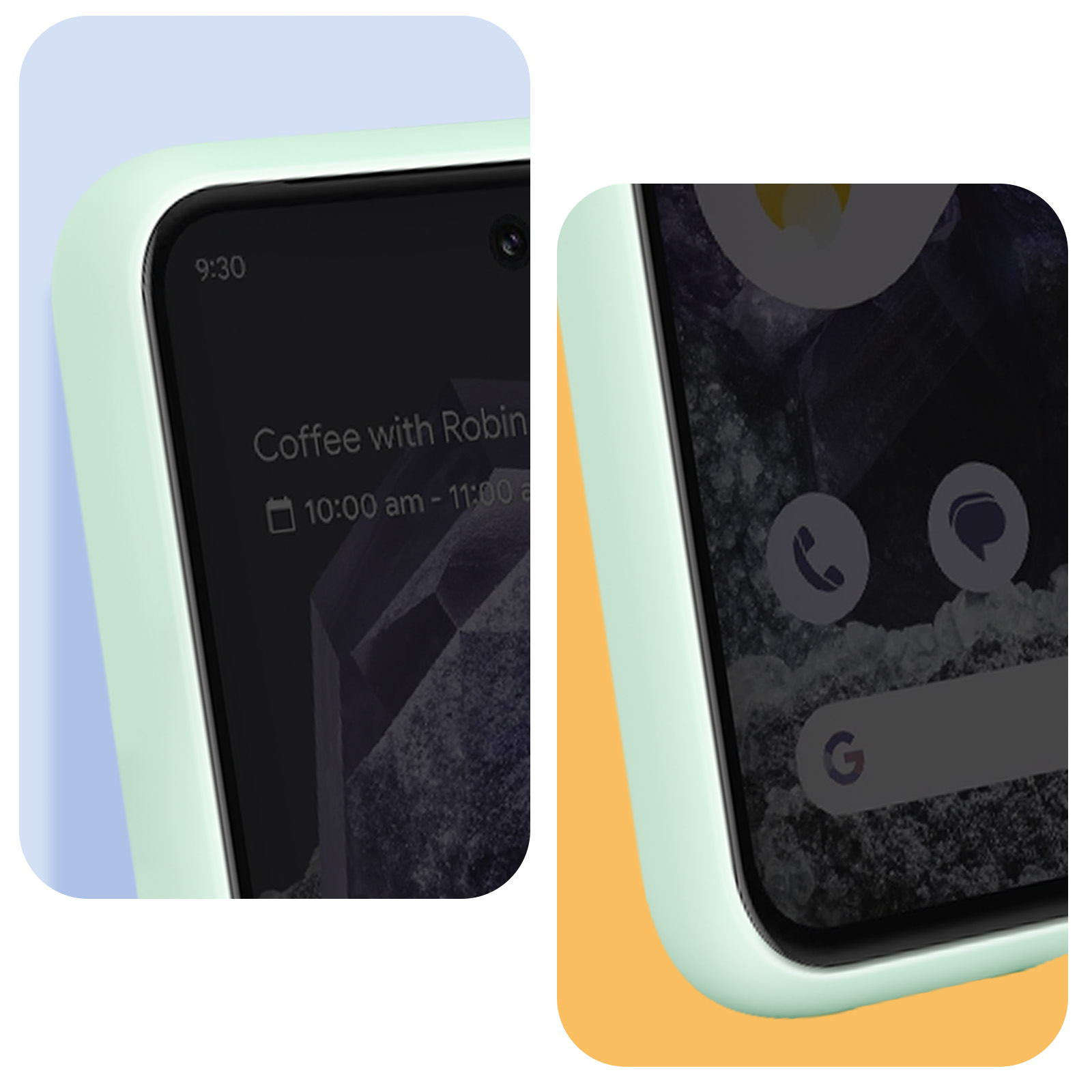 Nahaufnahmen eines Smartphone-Bildschirms mit mintfarbenem Gehäuse. Es zeigt Zeit und App-Symbole.