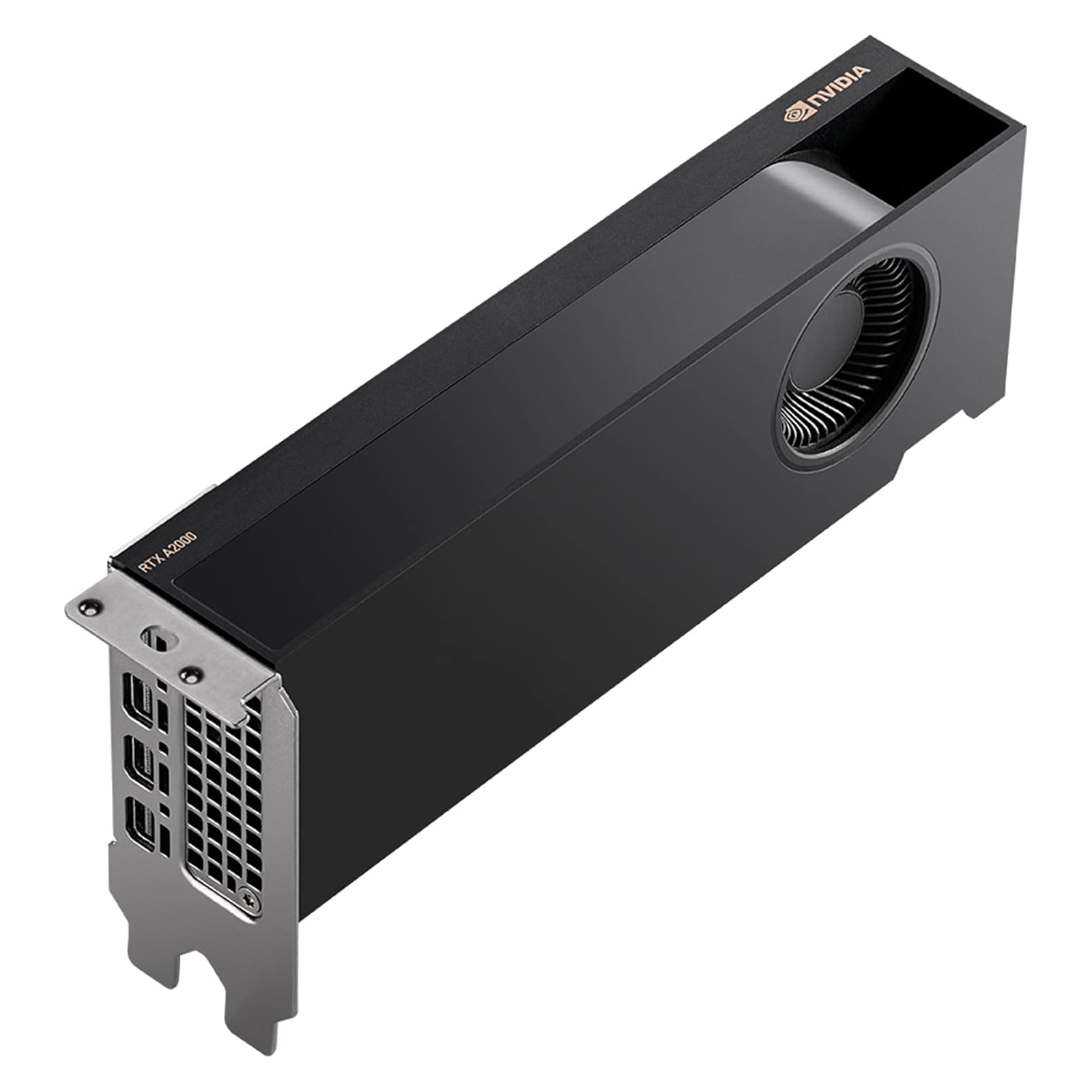 Scheda grafica NVIDIA RTX A2000 nera con ventola, vista angolata. Sfondo bianco.