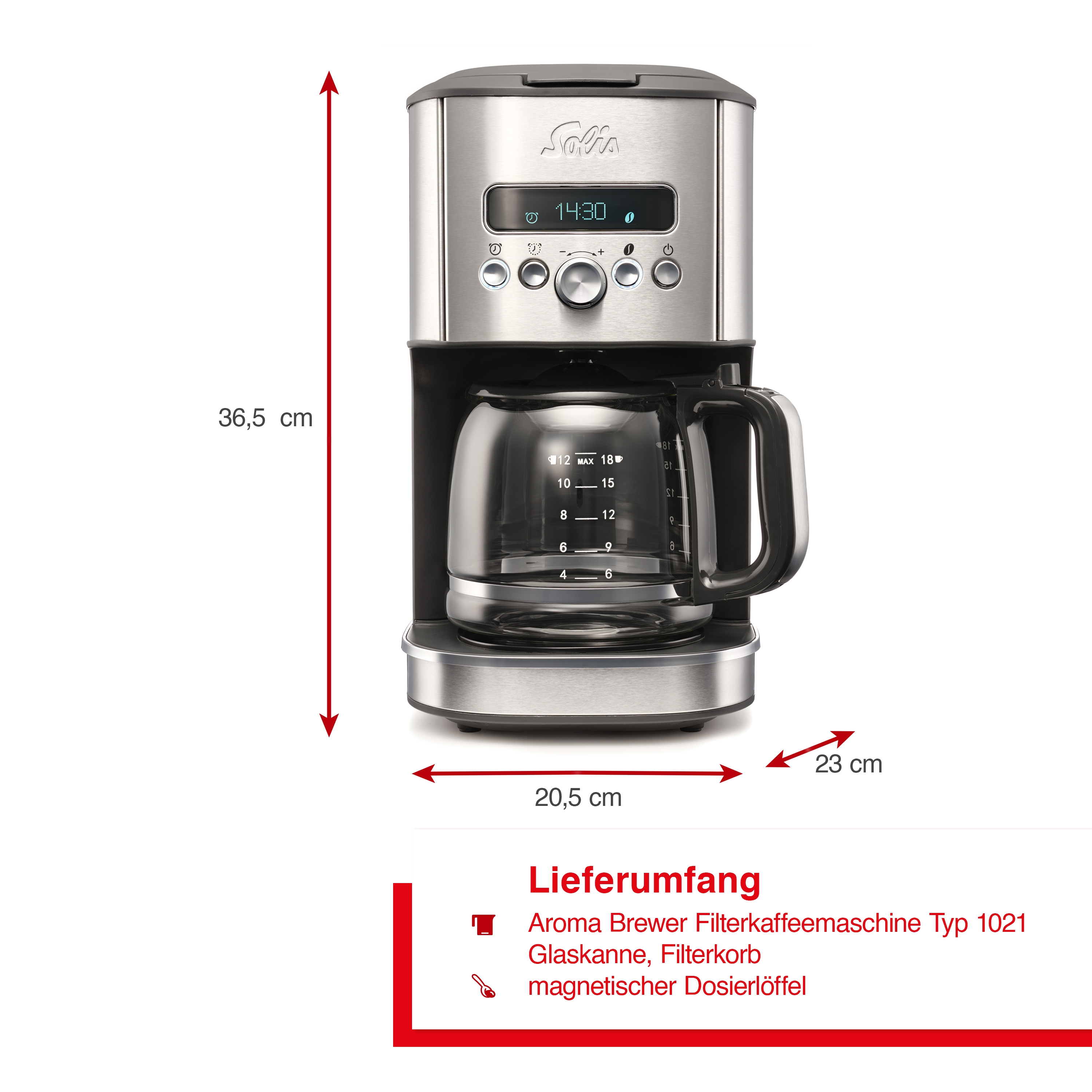 Edelstahl-Kaffeemaschine mit Glaskanne und Maßen: 36,5 cm, 20,5 cm und 23 cm.