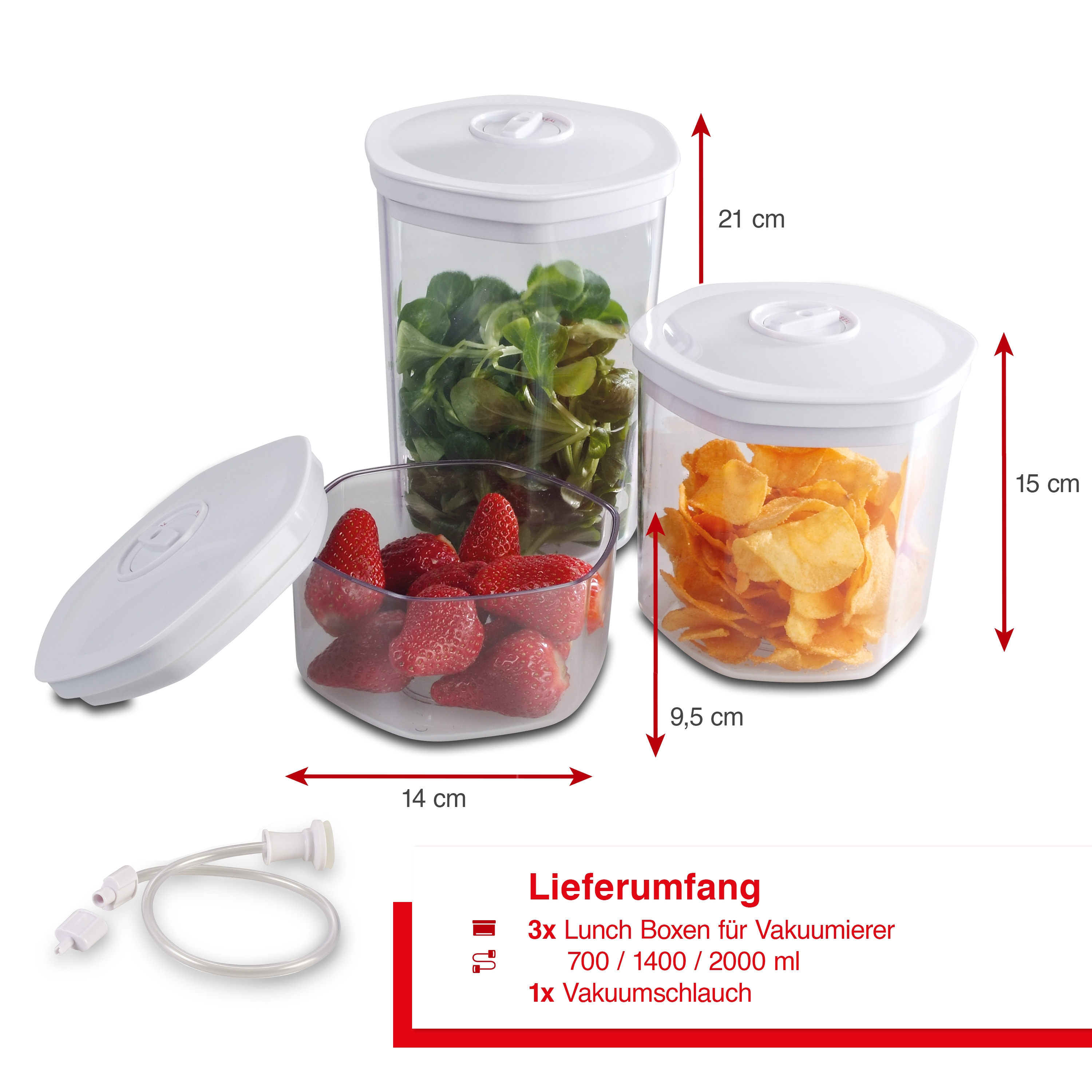 Drei Lebensmittelbehälter, voll mit Lebensmitteln, mit Abmessungen und einem Vakuumschlauch.