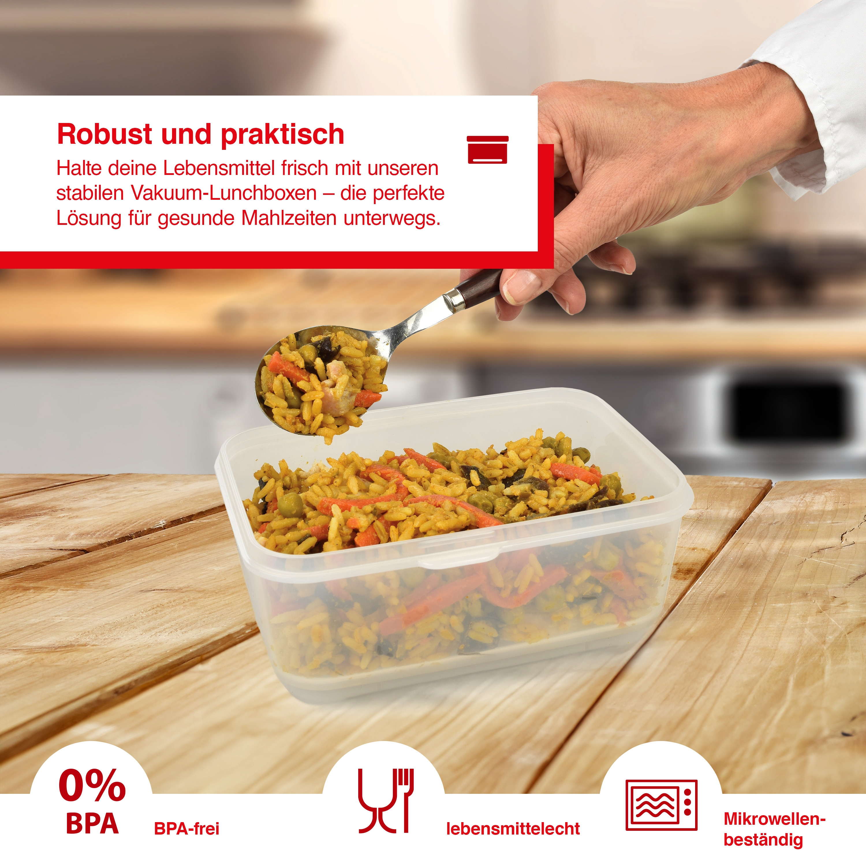 Lunchbox mit Essen, gehalten von einer Hand mit Löffel. Text über die Frische von Lebensmitteln.