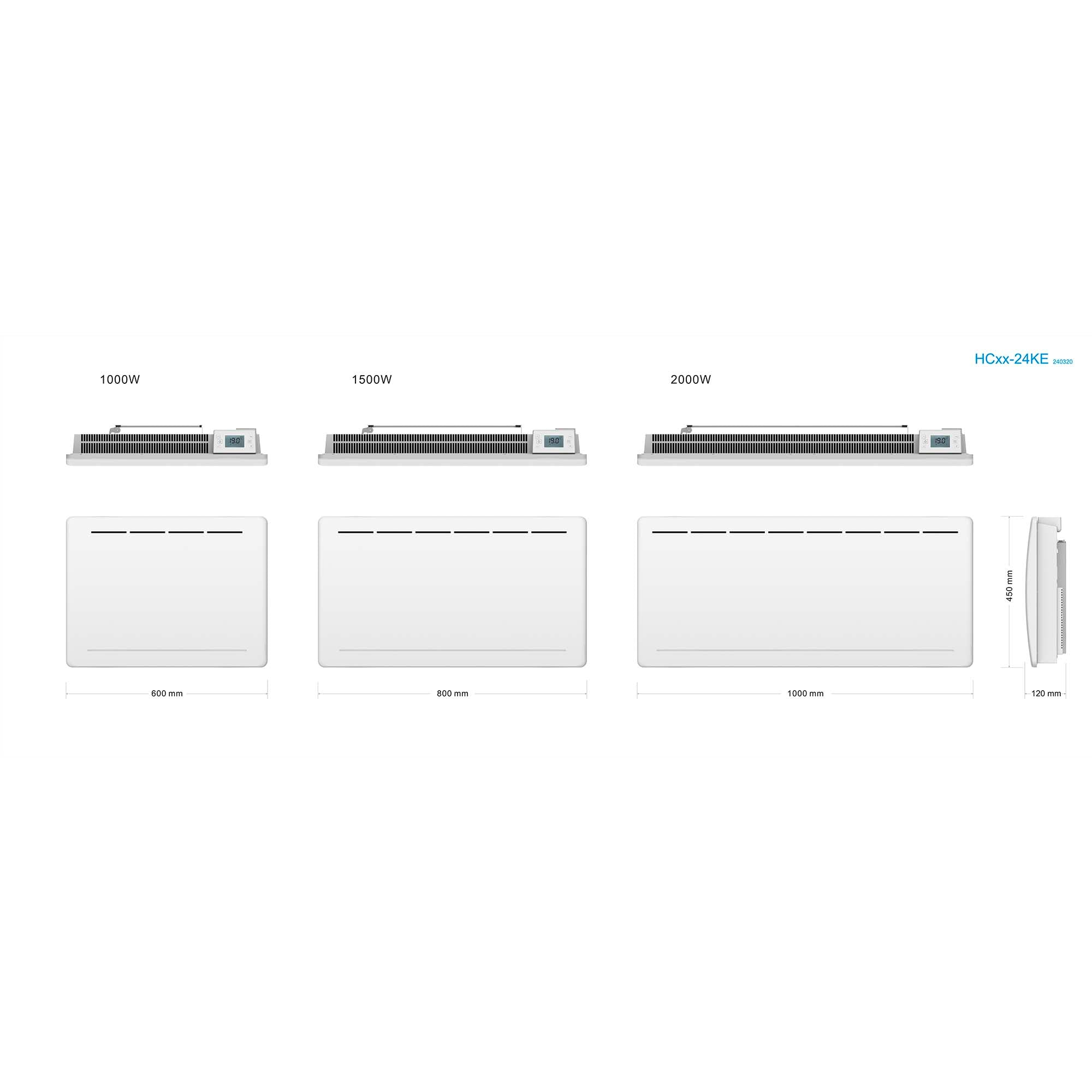 Drei weiße Elektroheizungen mit unterschiedlichen Größen und Leistungsaufnahmen (1000W, 1500W, 2000W). Weißer Hintergrund. Abmessungen beschriftet.