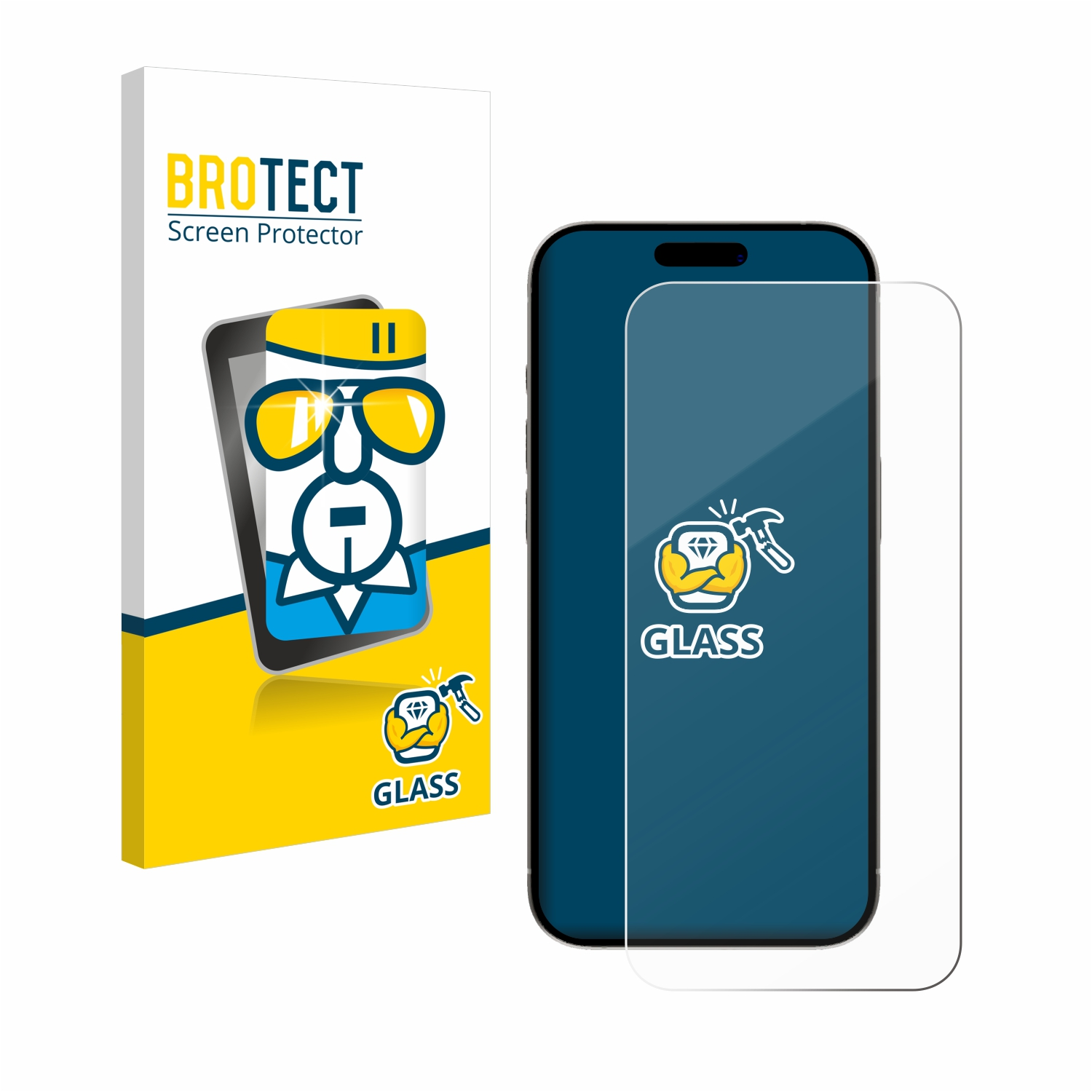 Ein Displayschutz und eine Box. Die Box zeigt ein Telefon und einen Schutz darauf.