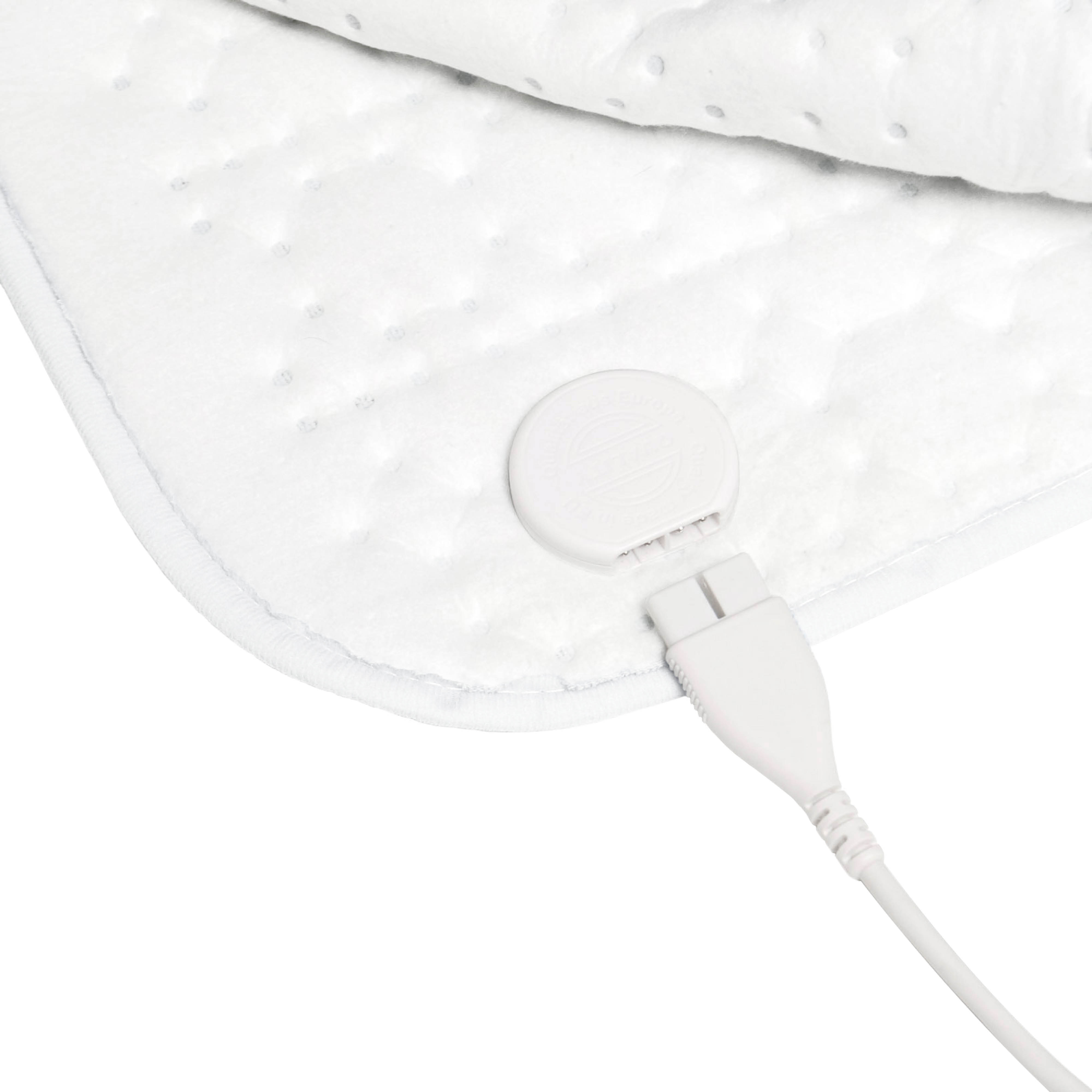 White electric heating pad with a connected power cord.