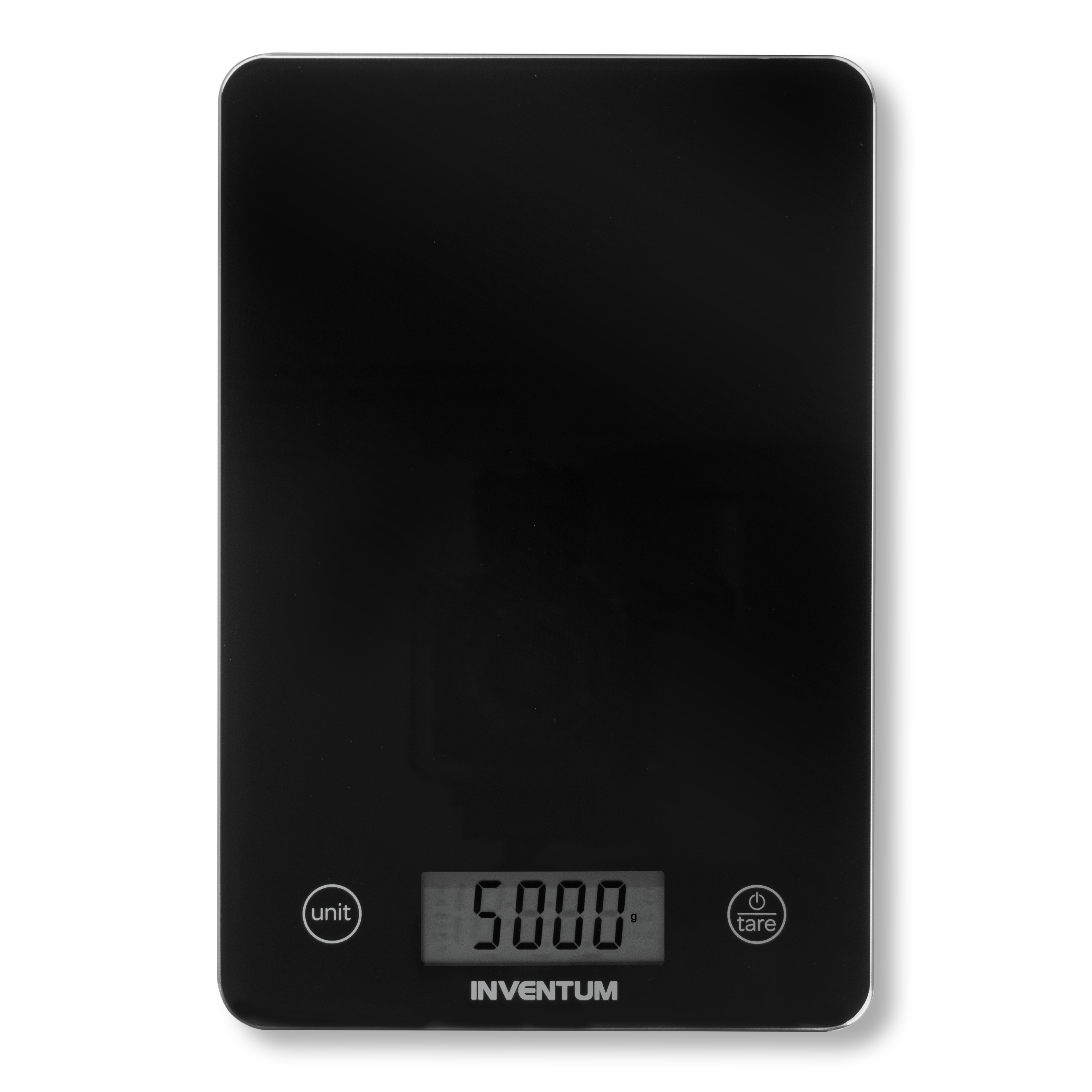 Black digital kitchen scale displaying 5000, with unit and tare buttons.