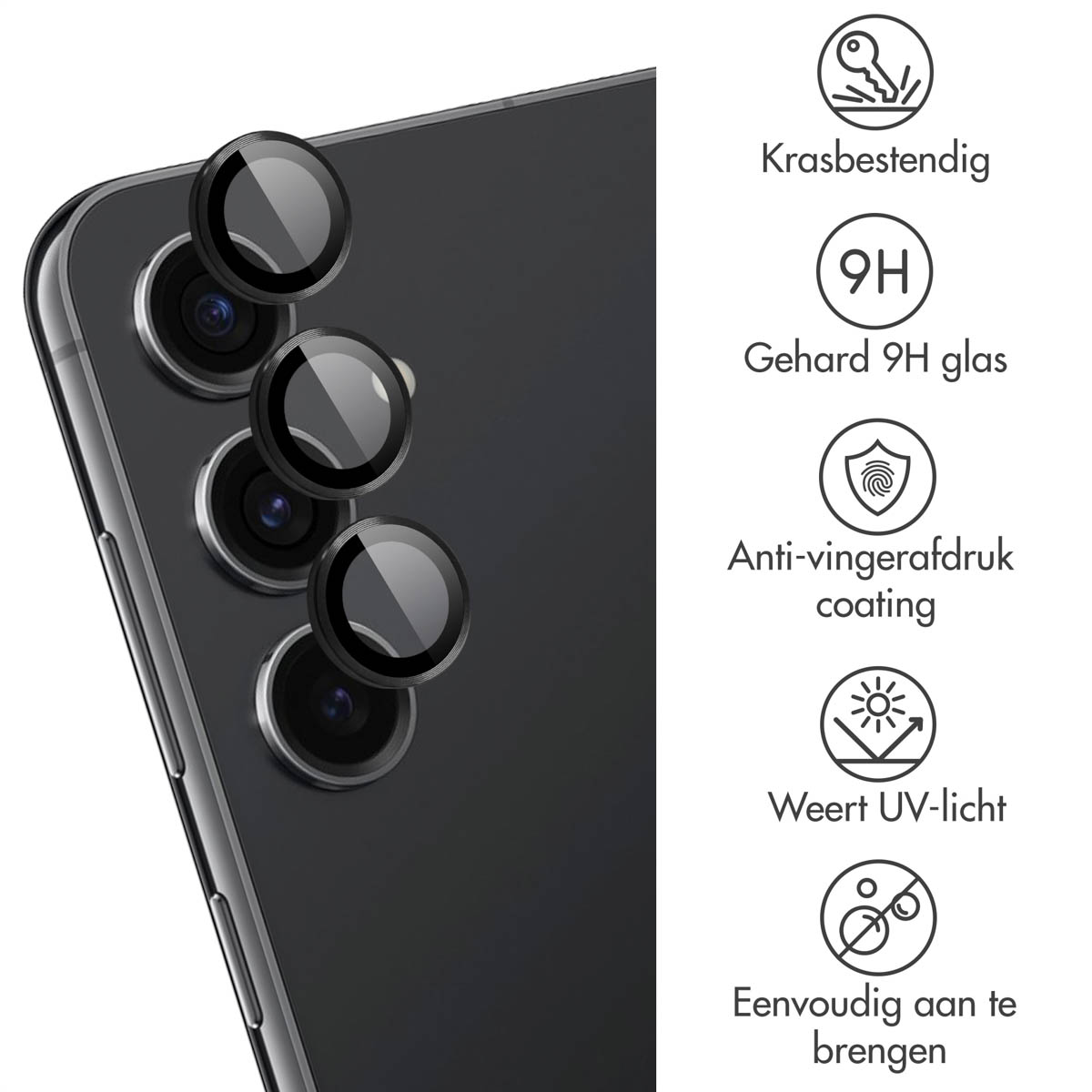 Protecteurs d'objectif de caméra de téléphone avec icônes de résistance aux rayures.