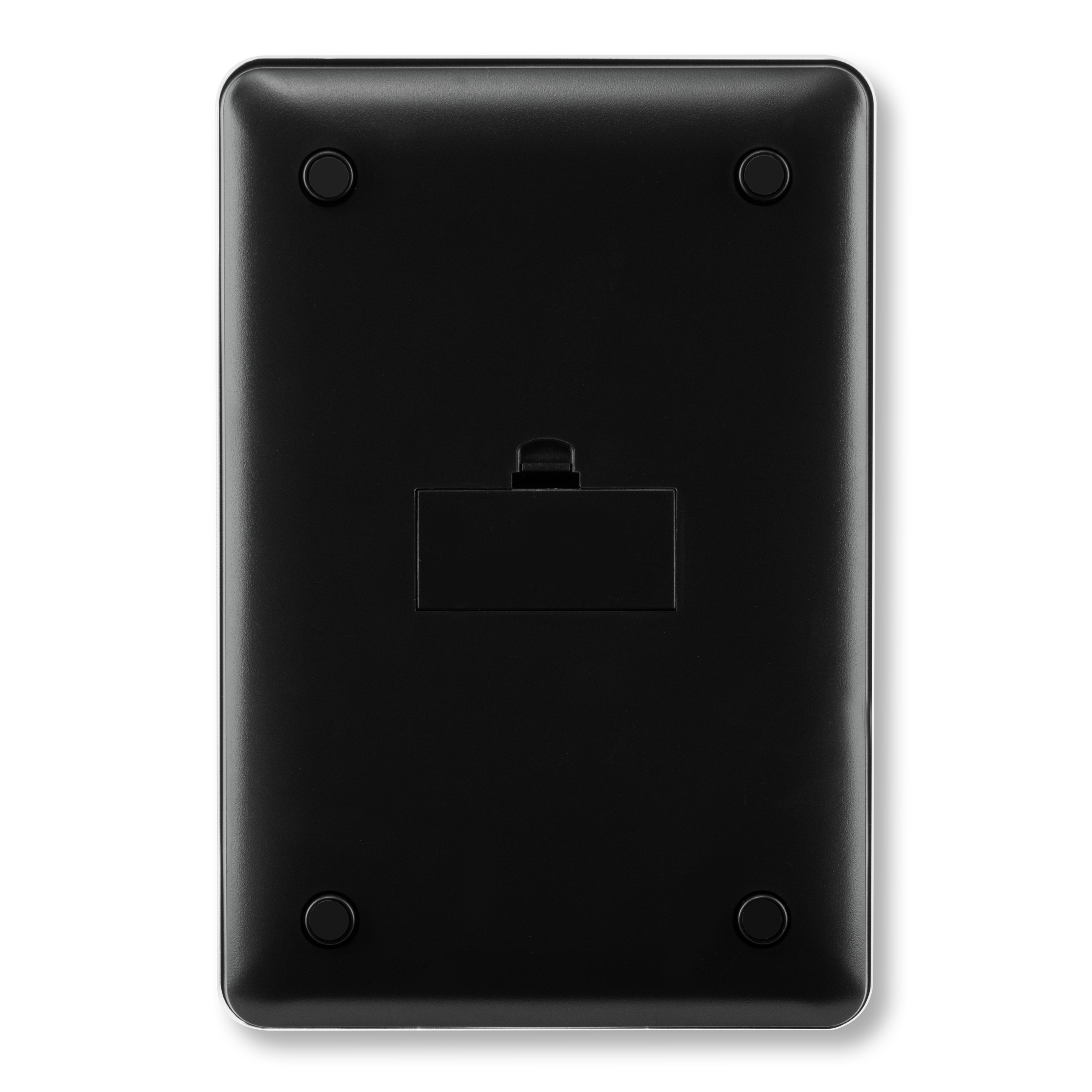 Black bottom of a device. Features four rubber feet and a small recessed panel.