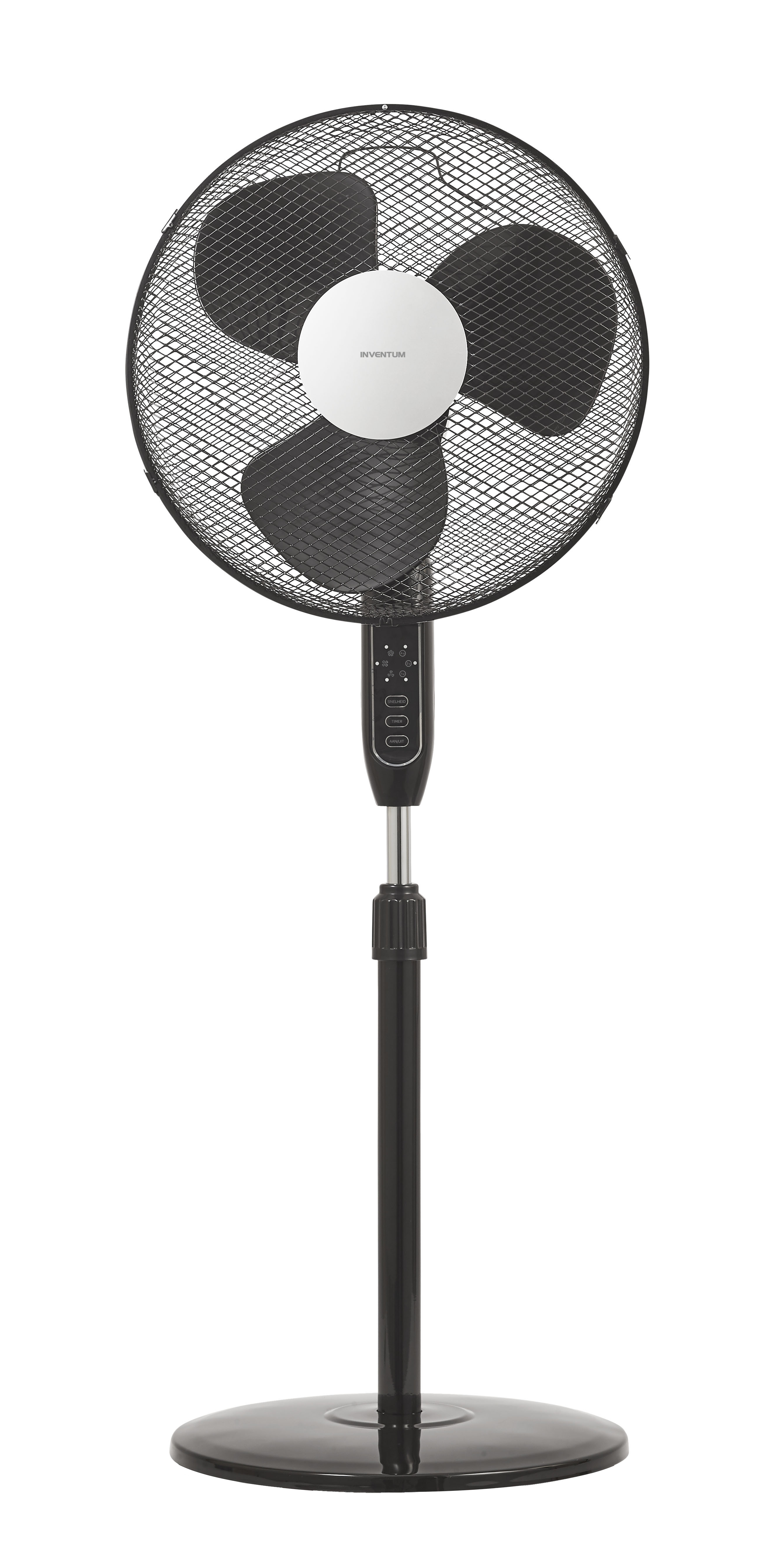 Ventilateur sur pied noir. Base circulaire, hauteur réglable et grille de protection.