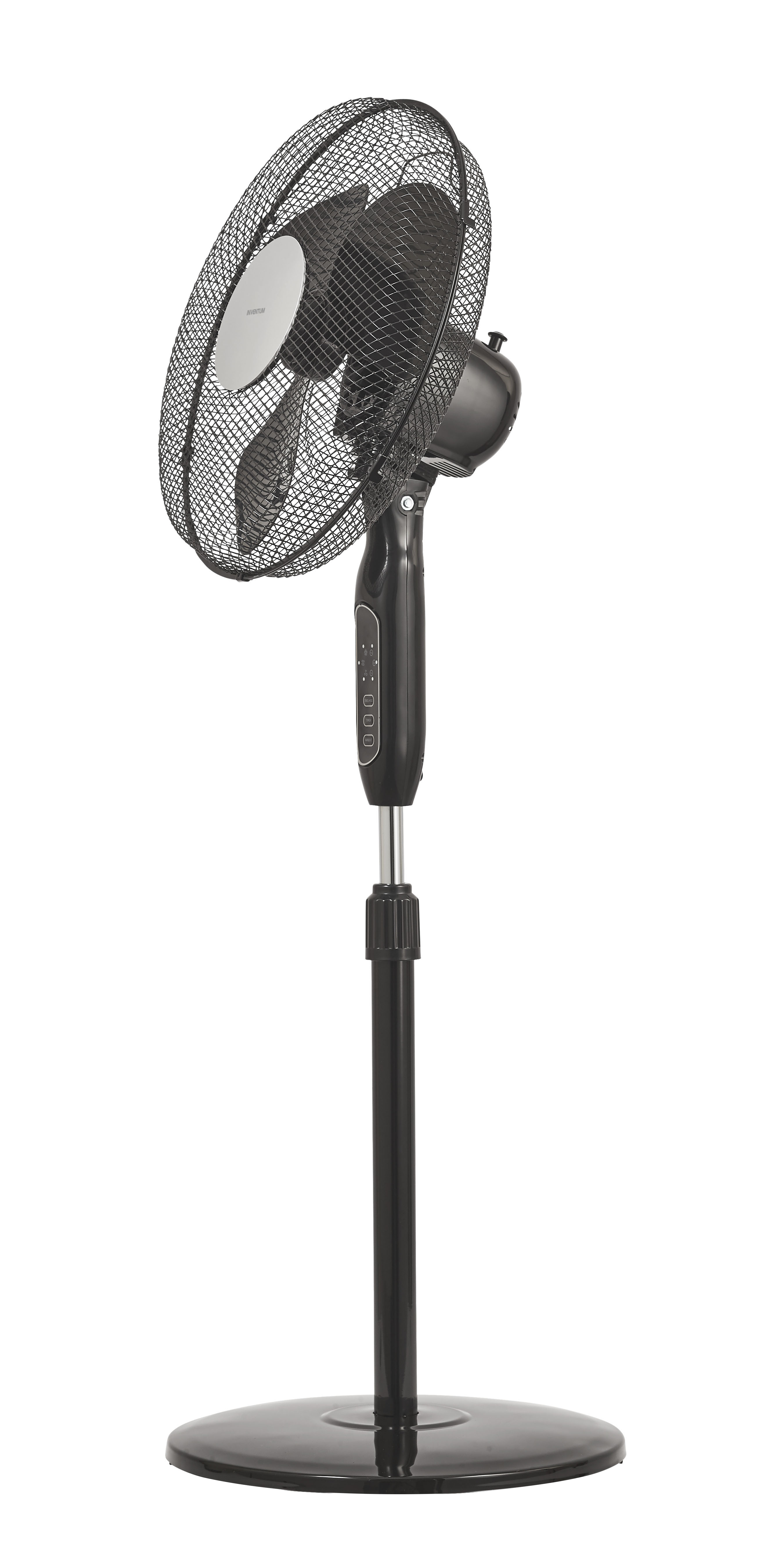 Ventilateur sur pied noir avec base ronde et grille de protection.