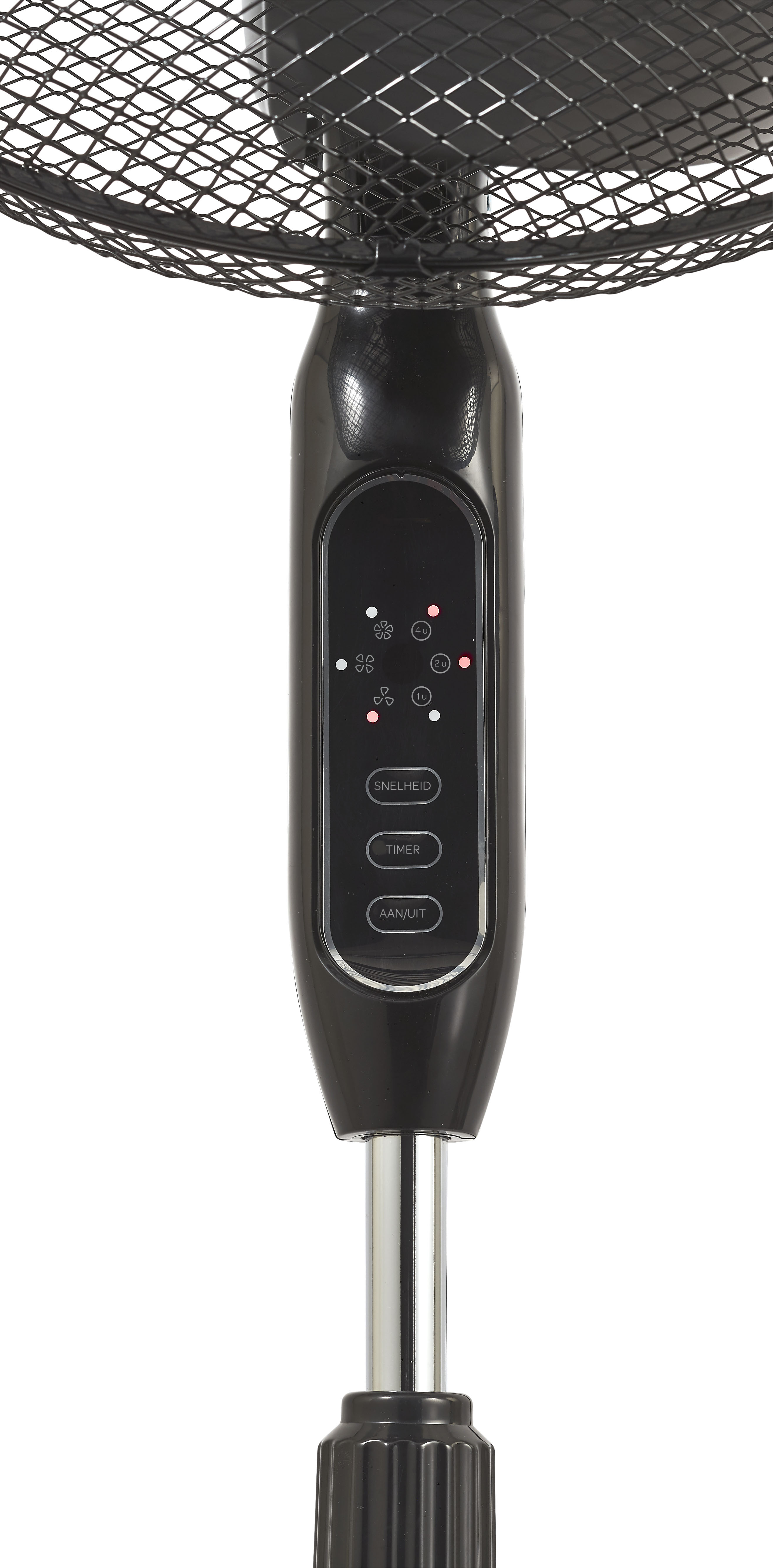 Panneau de contrôle de ventilateur noir avec boutons et lumières, sur un support métallique. Fond blanc.