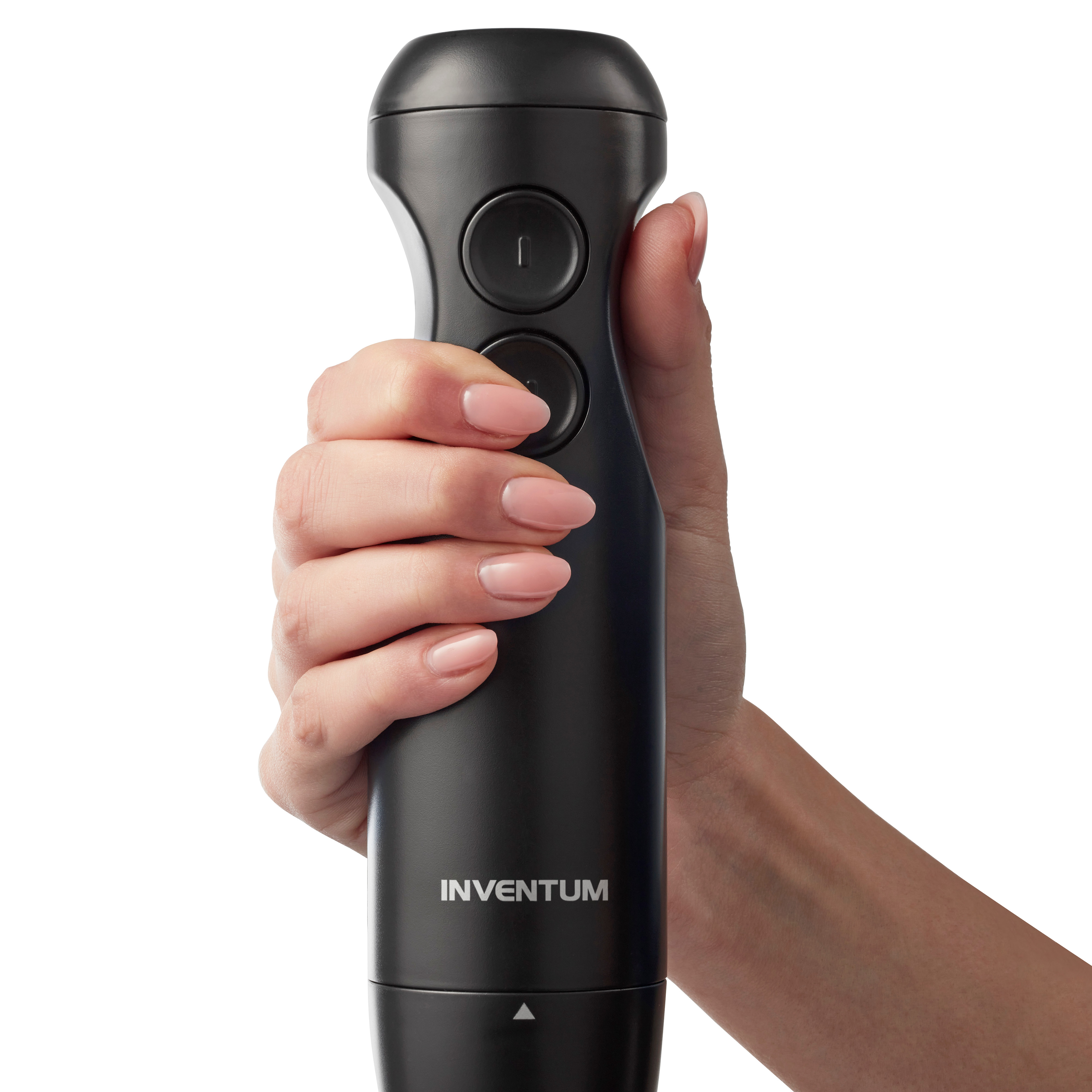 A hand holding a black Inventum immersion blender, with two buttons and a visible label.