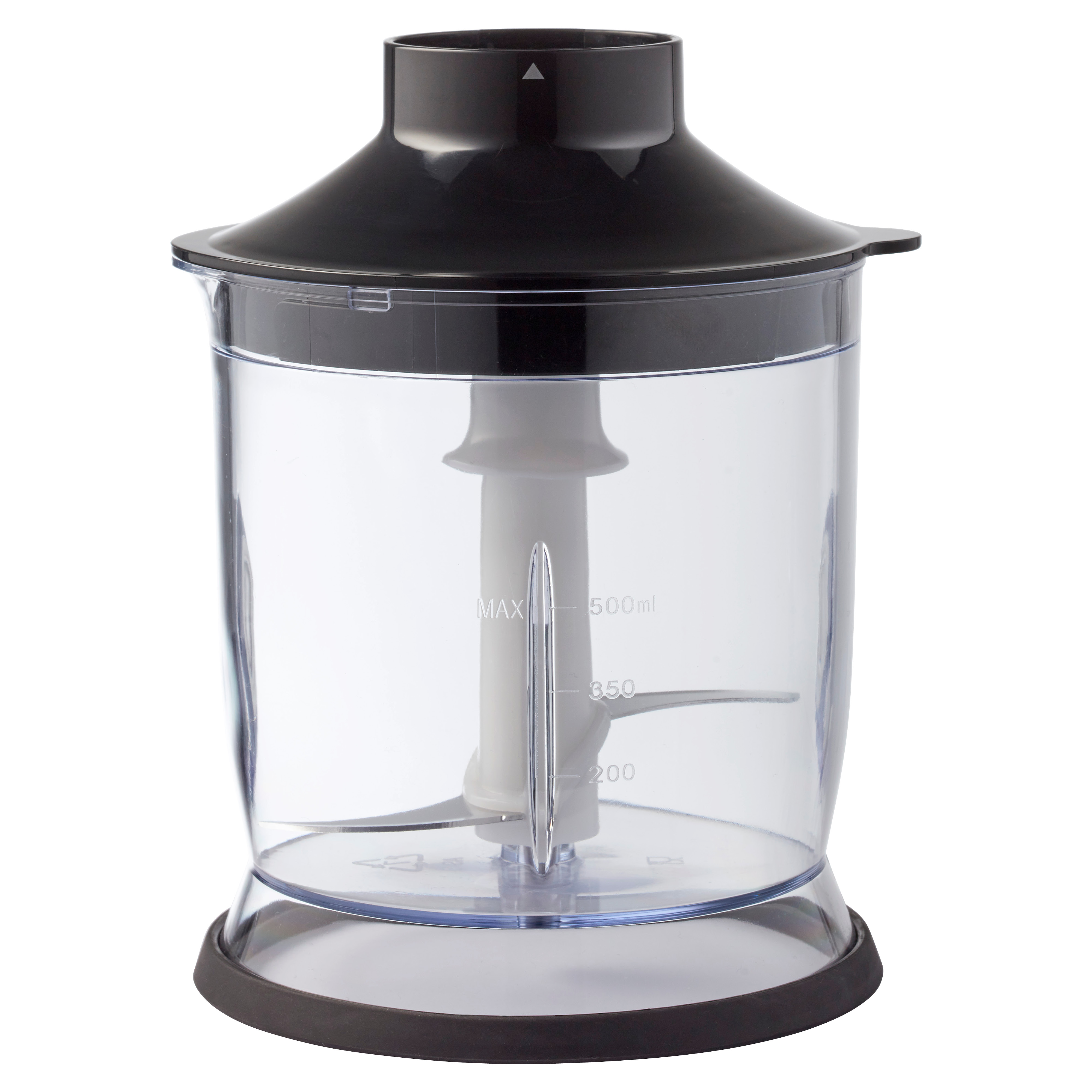 A clear blender with a black top and a white blending attachment.