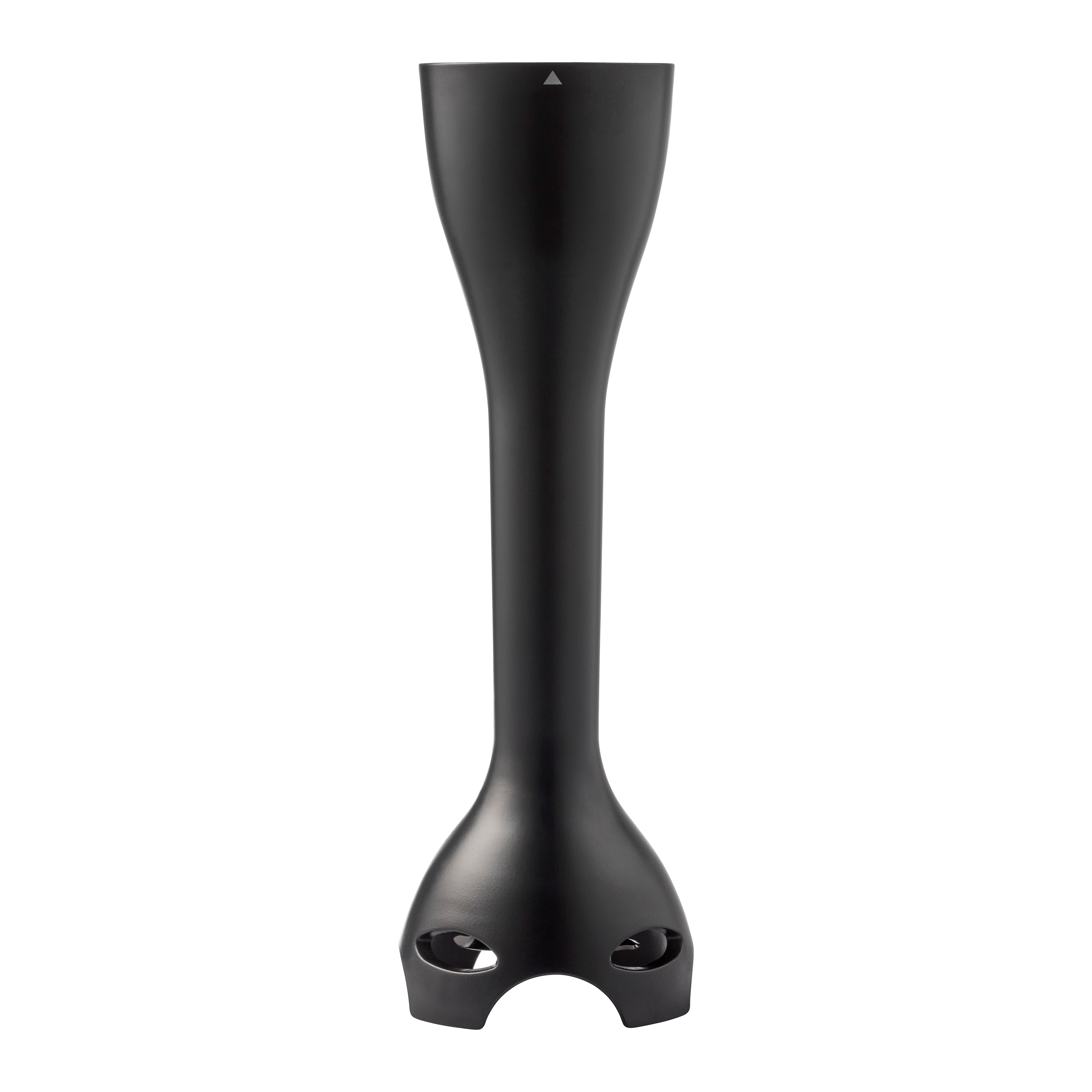 Black immersion blender attachment, tapering design, white background.
